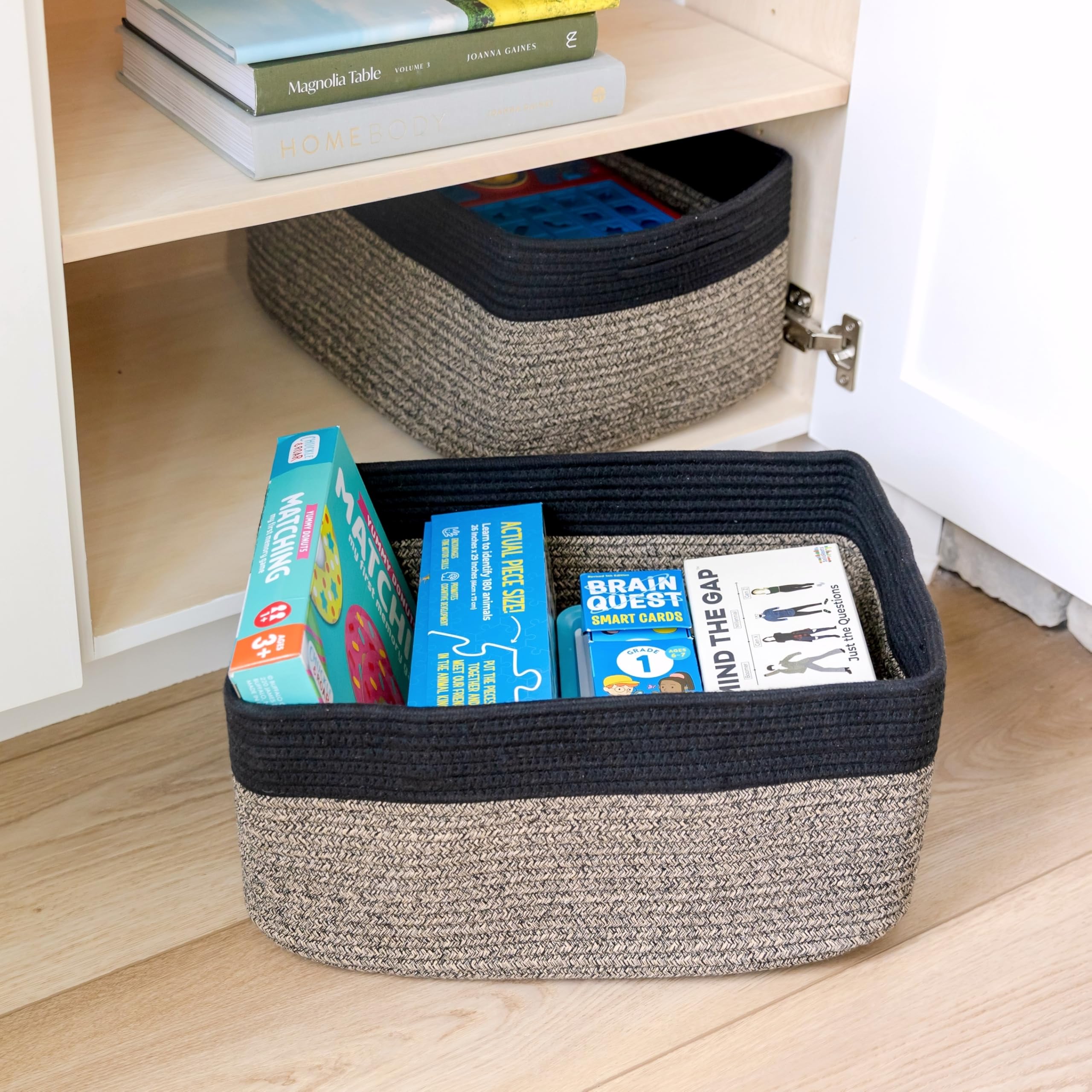 NaturalCozy laundry bin use shows quick storage solution near laundry area.