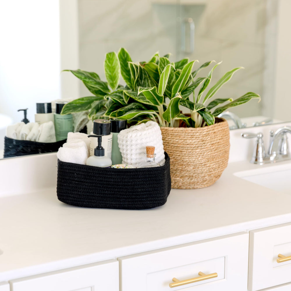 NaturalCozy baskets in a living room for multi-room organization