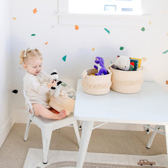 NaturalCozy nursery arrangement on shelf highlights versatile storage in a chic look.