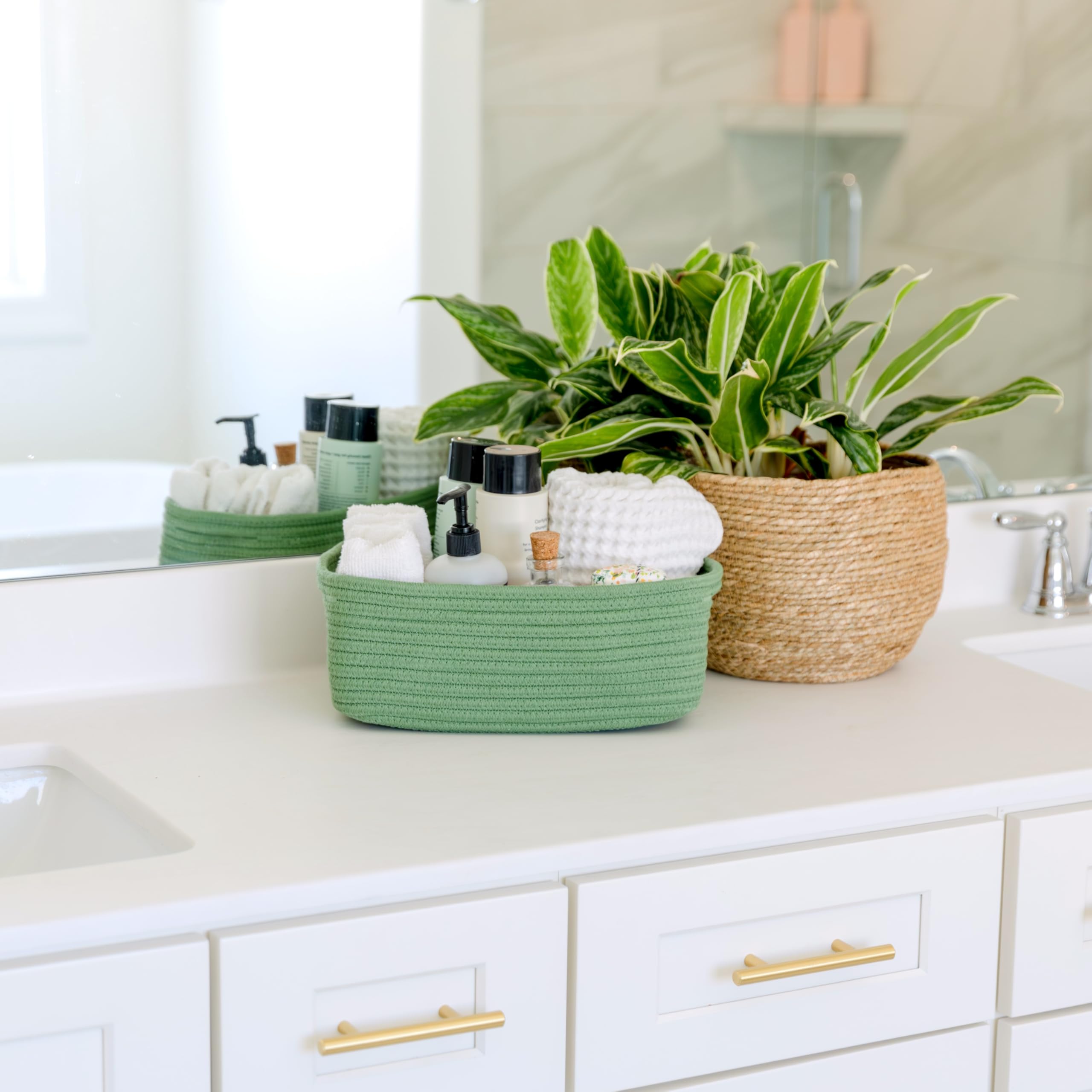 NaturalCozy rectangle basket bathroom-decor adds soft texture while keeping towels neatly organized.
