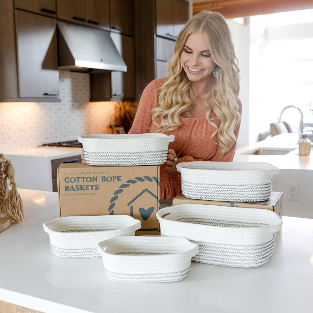 NaturalCozy rectangle basket set modern decor compatibility for boho to farmhouse interiors.