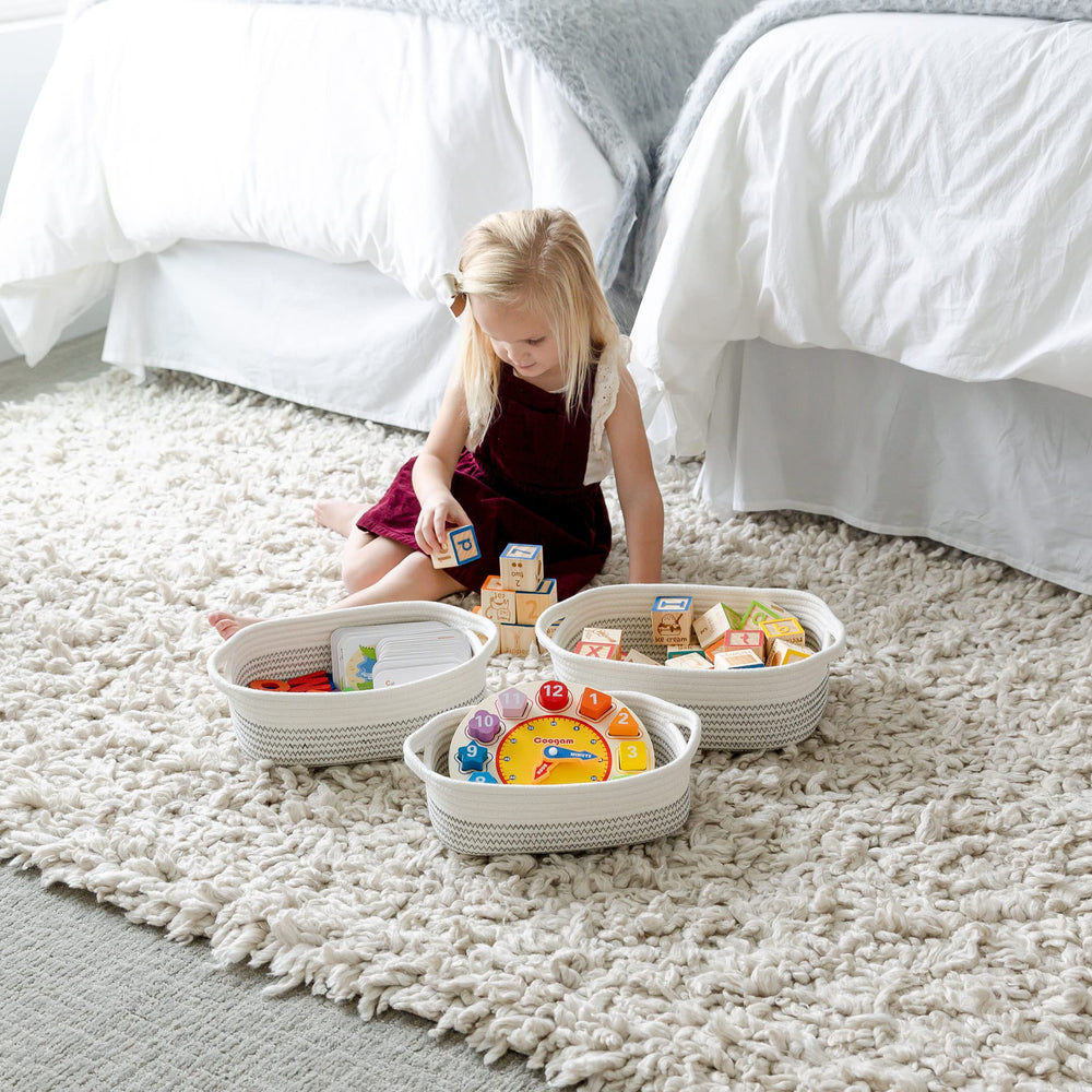 NaturalCozy rectangle basket set medium illustrates bathroom towel organization and clutter-free counters.