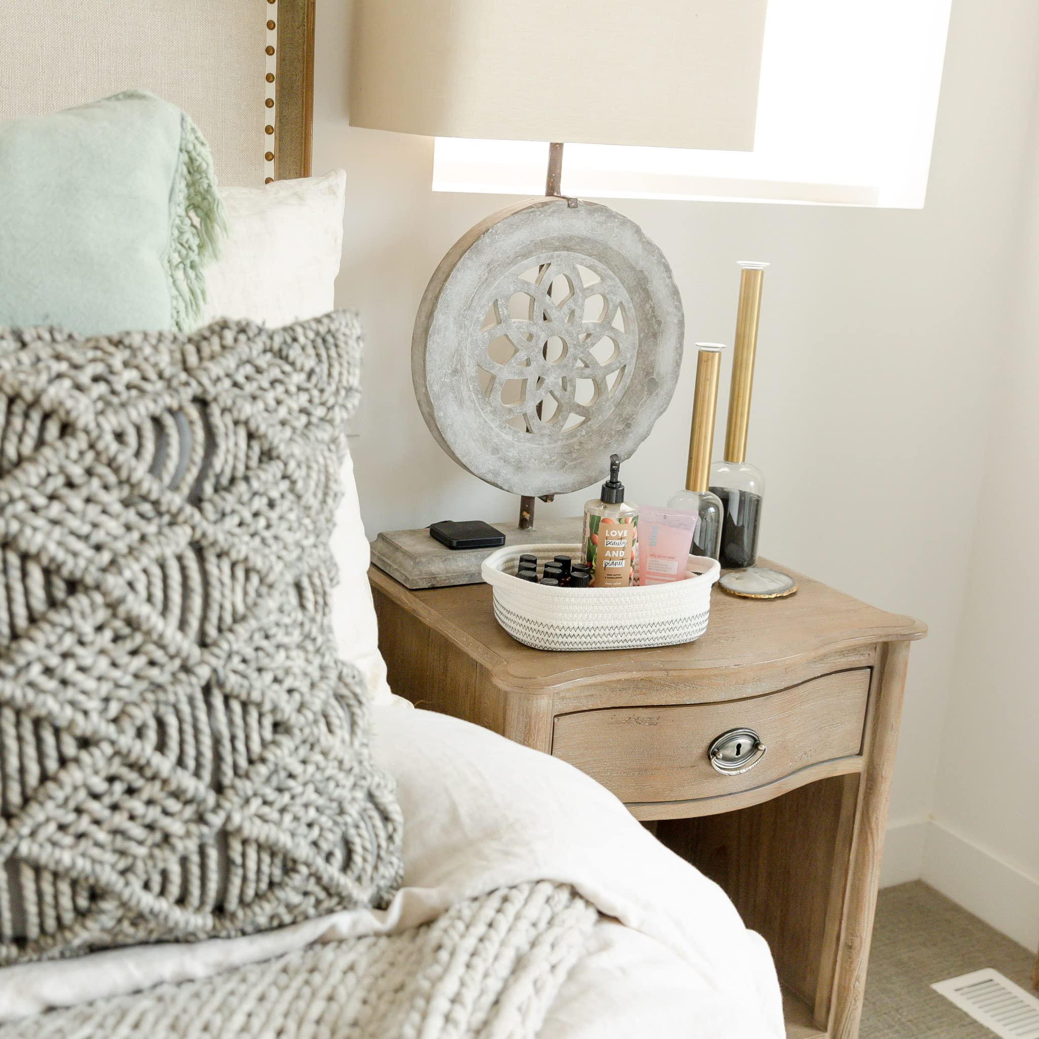 NaturalCozy rectangle basket set small stores keys, jewelry, and small essentials.