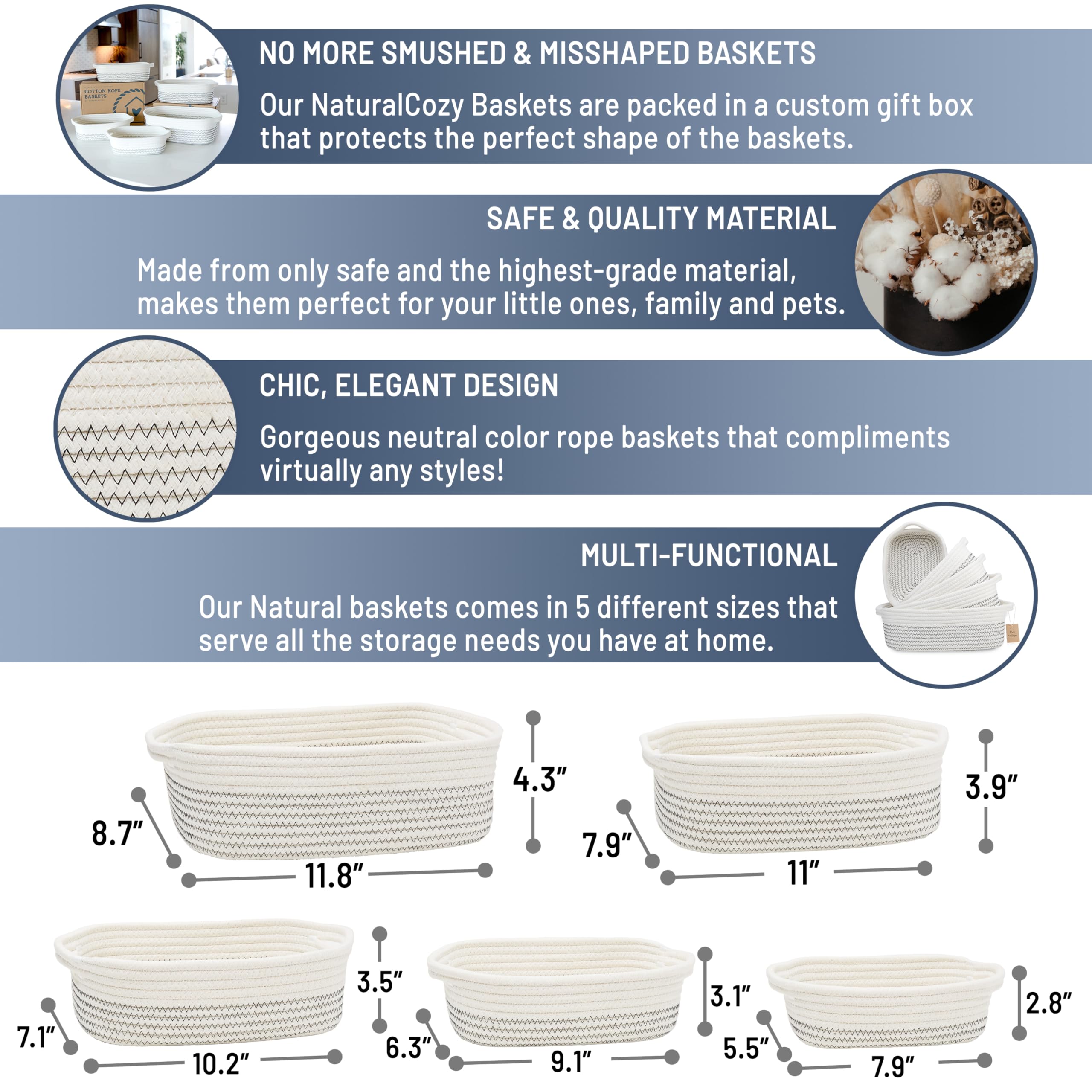 NaturalCozy rectangle basket set standing upright demonstrates non-floppy design for tidy spaces.