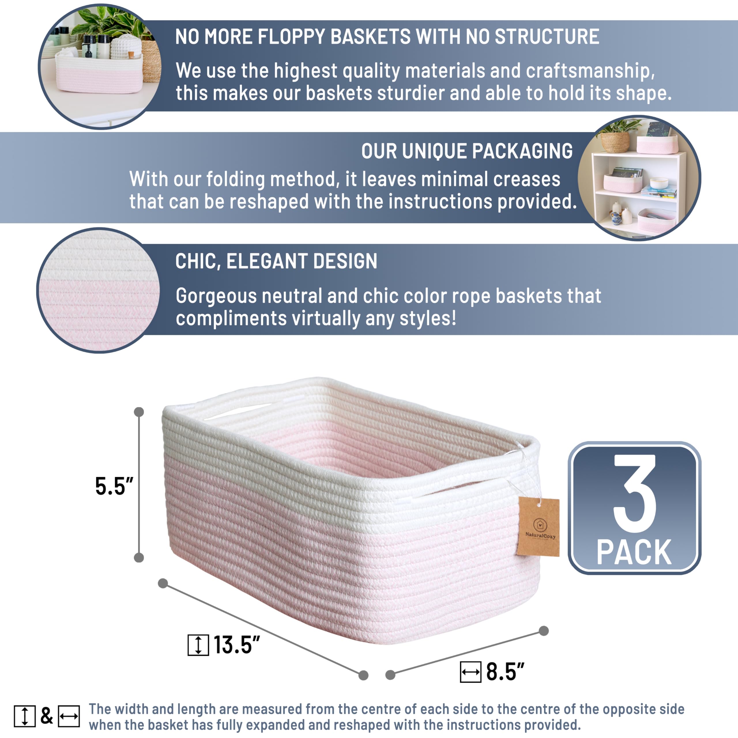 NaturalCozy rectangle basket sturdy-structure demonstrating durable, wrinkle-free organization.
