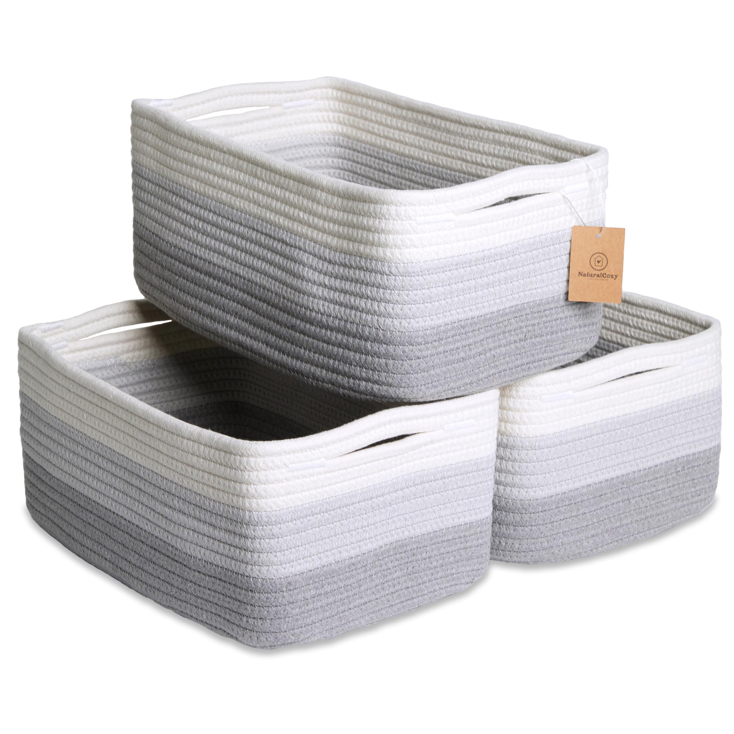 NaturalCozy rectangle baskets fold neatly for sturdy shelf organization.