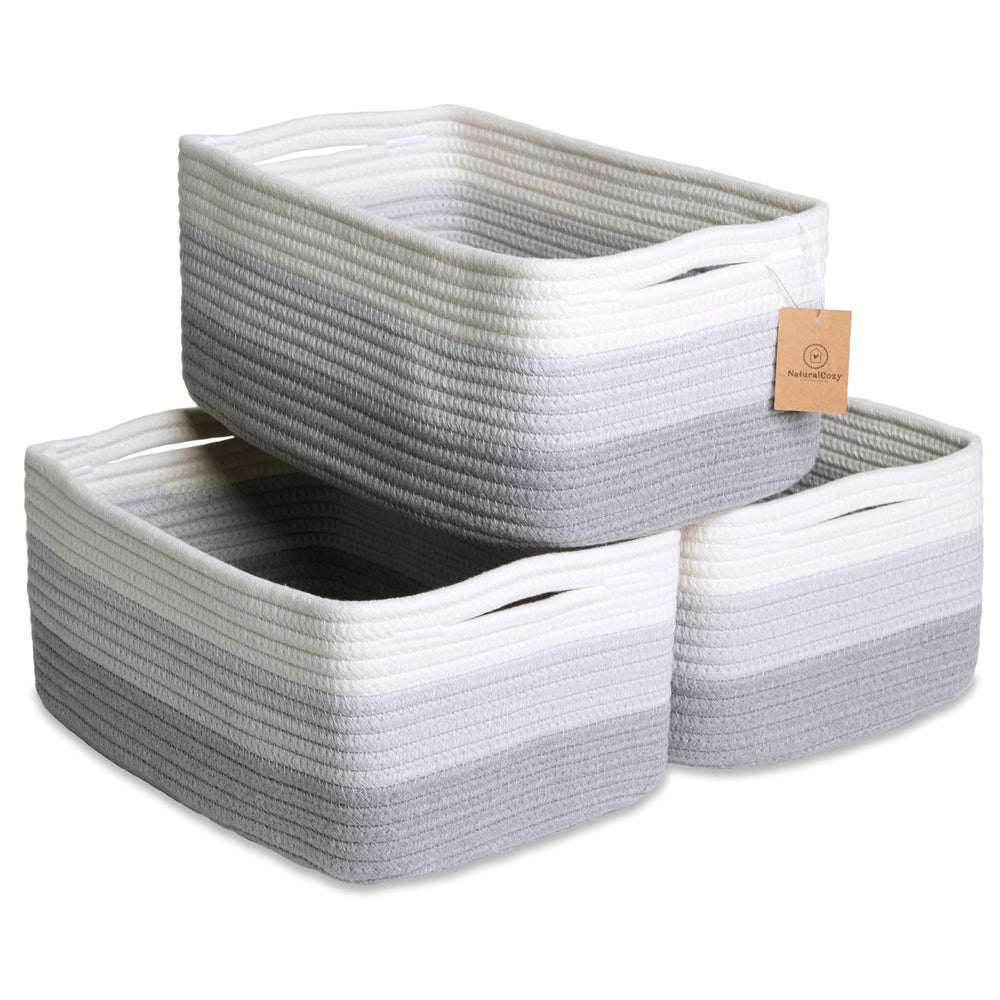NaturalCozy rectangle baskets fold neatly for sturdy shelf organization.