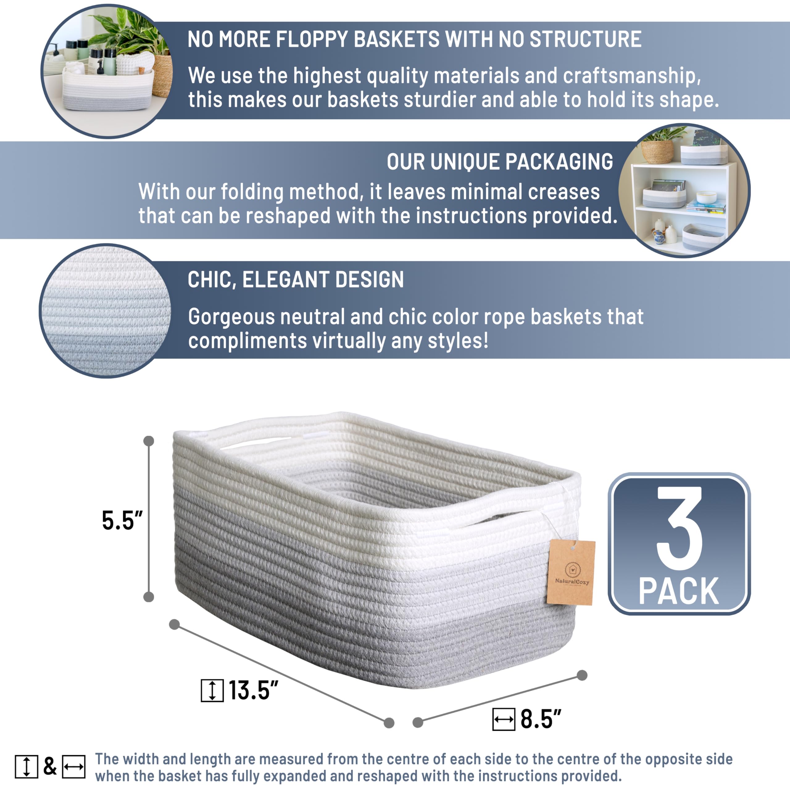 NaturalCozy rectangle baskets showcase structured rope for tidy nursery storage.