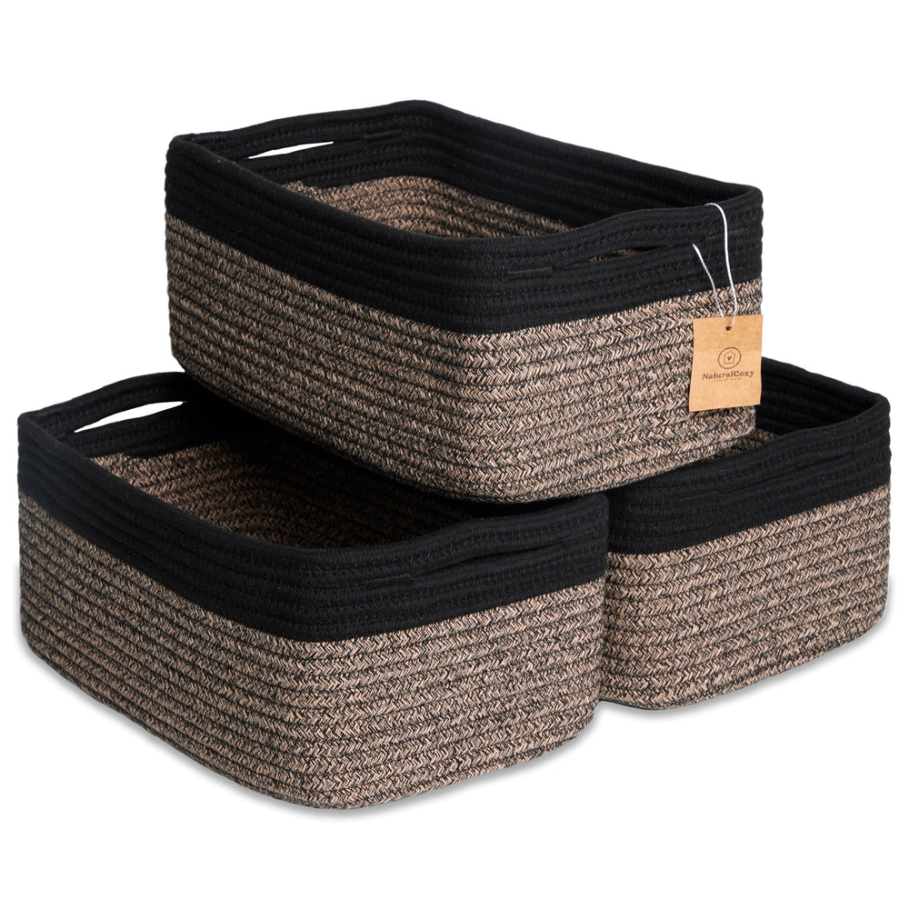 NaturalCozy rectangle storage basket on shelf demonstrating sturdy woven stability for organization.