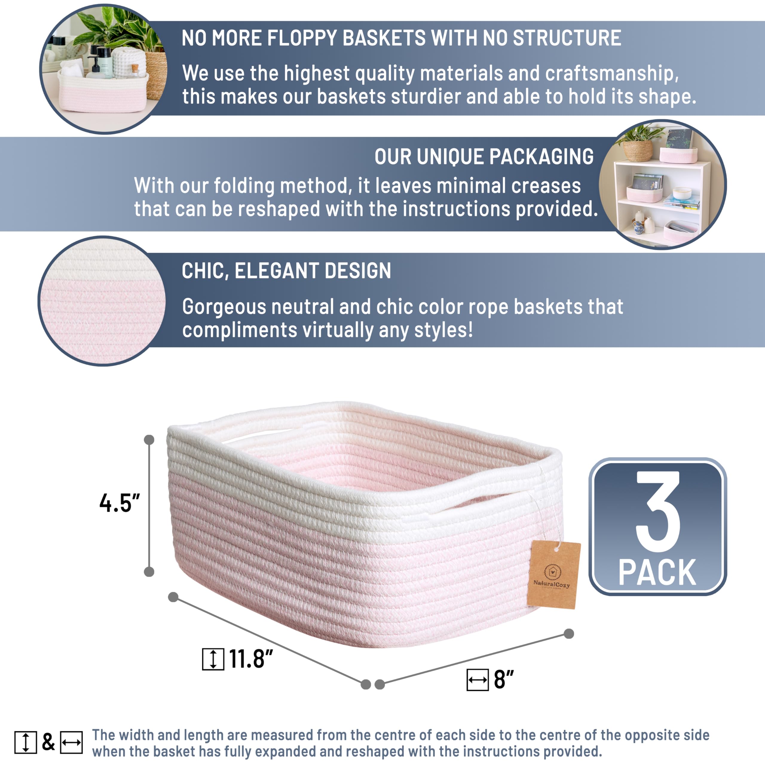 NaturalCozy rectangle storage baskets closeup cotton rope weave highlighting durable texture