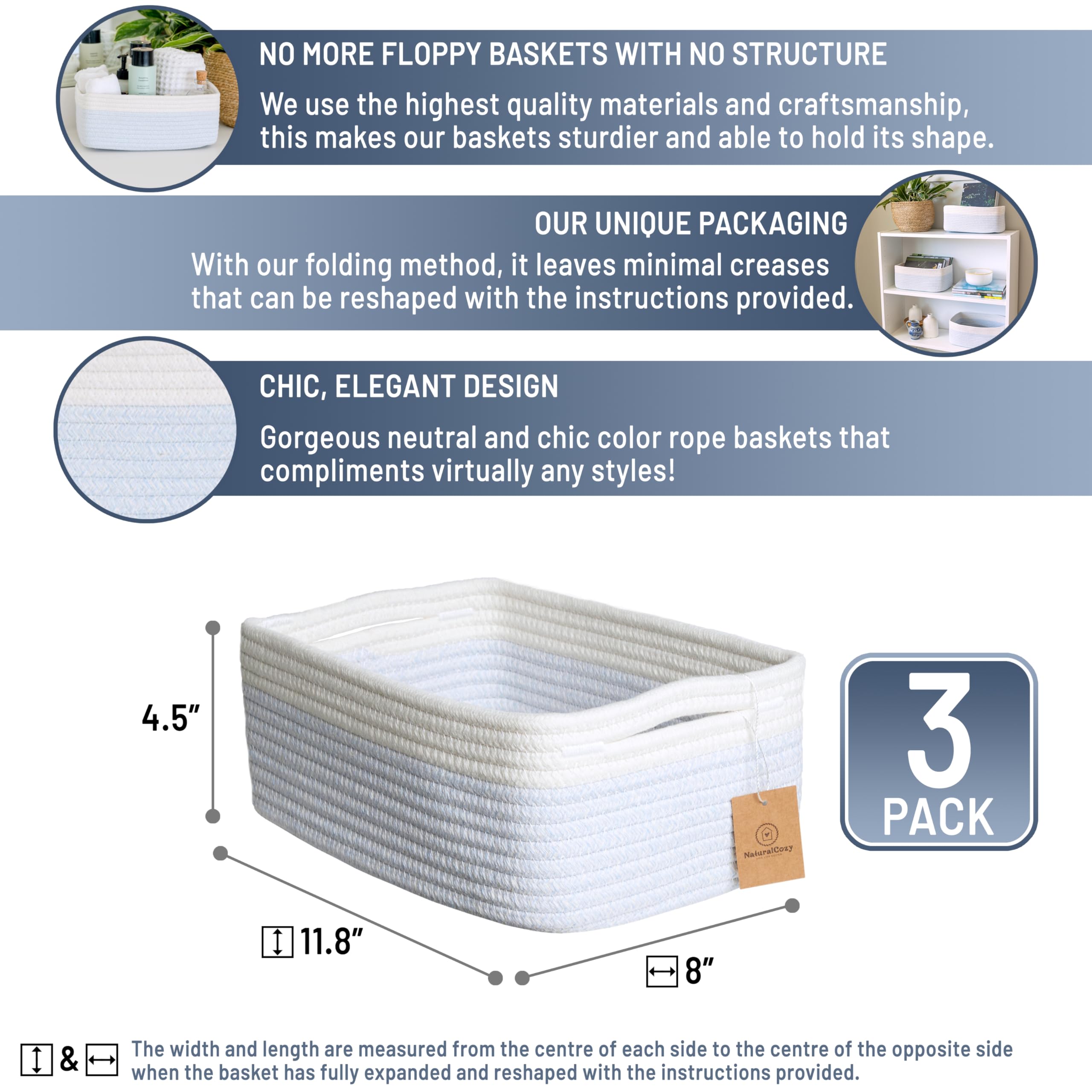 NaturalCozy rectangle storage baskets folded-structure demonstrates space-saving design for compact shelves.