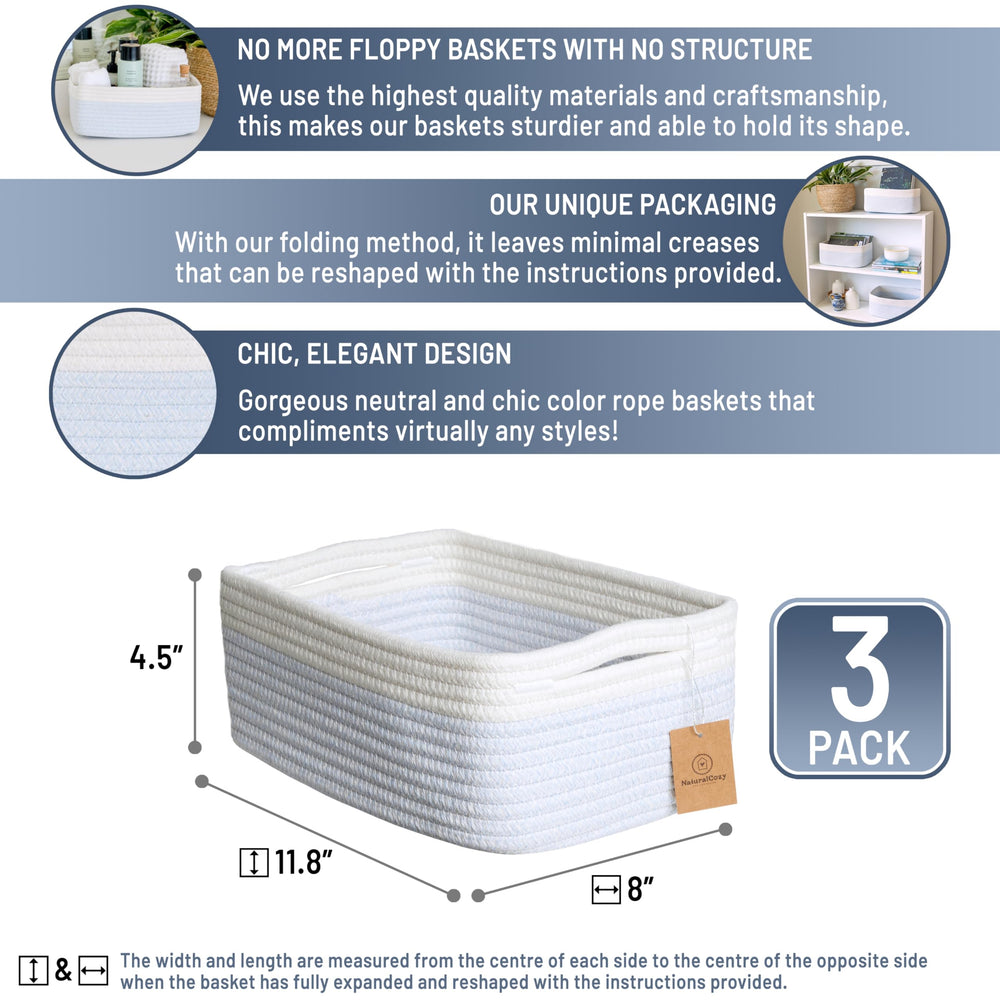 NaturalCozy rectangle storage baskets folded-structure demonstrates space-saving design for compact shelves.