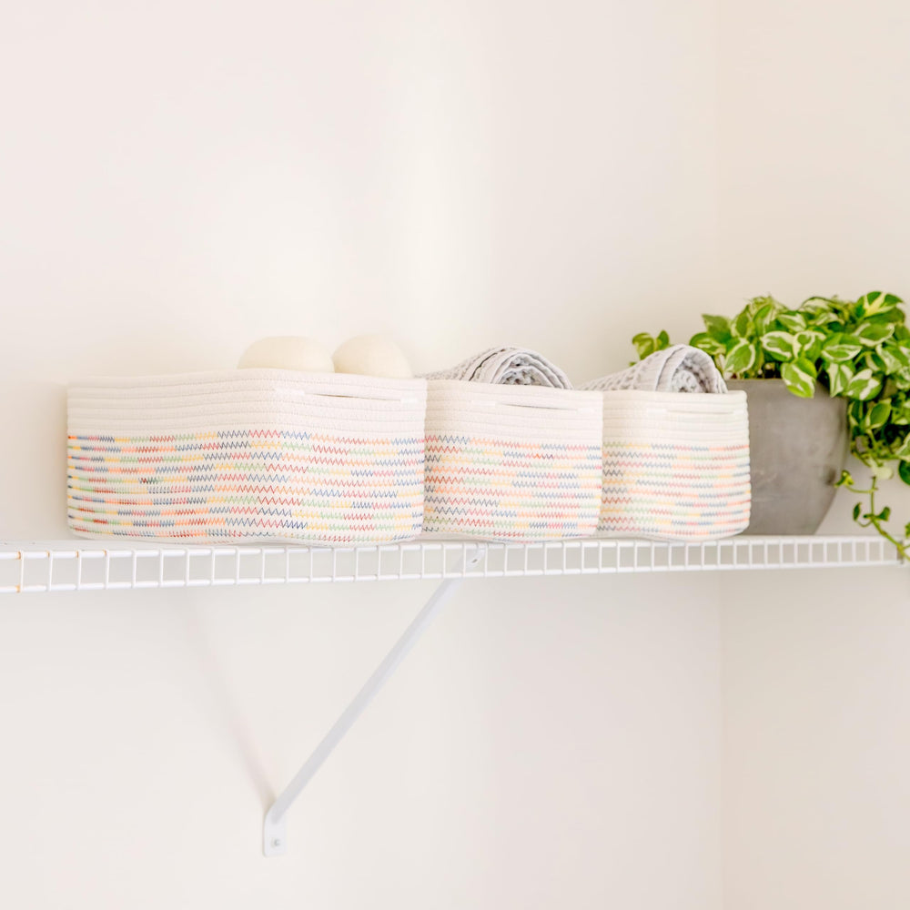 NaturalCozy shelf-organization basket fits on shelves for quick-access living room declutter.