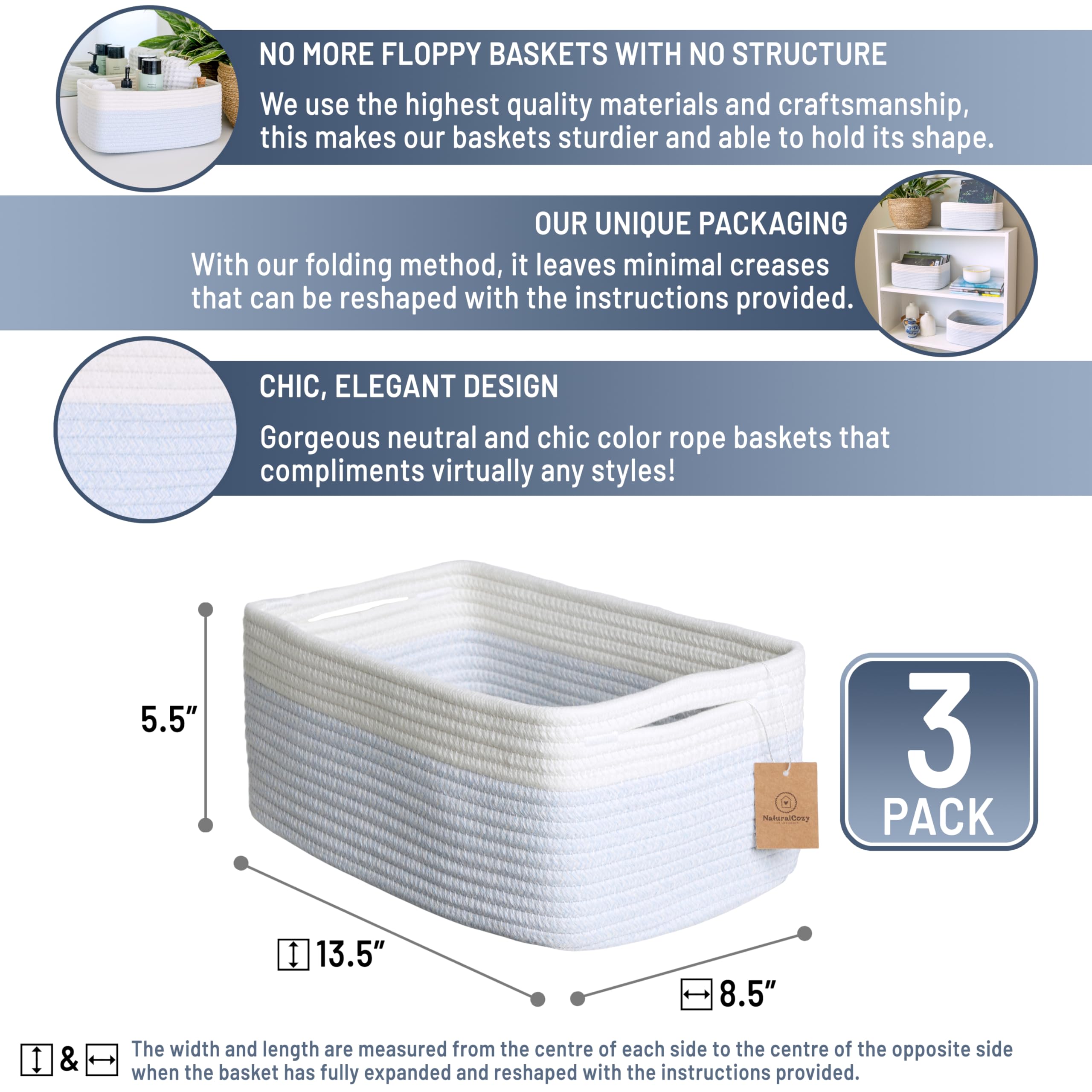 NaturalCozy rectangle storage baskets structured form offers firm organization on shelves