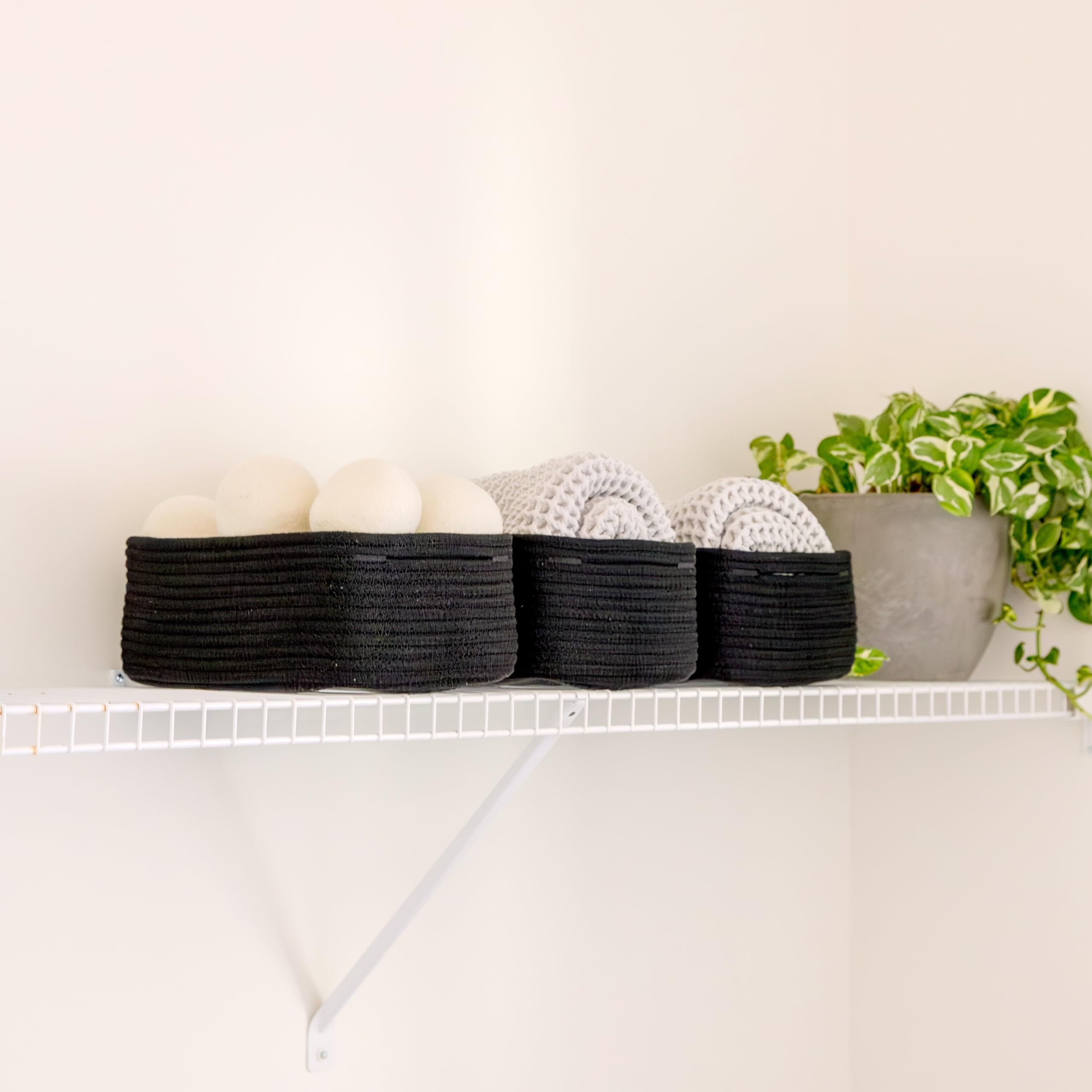 NaturalCozy rectangle basket side-by-side with round bins illustrating more space