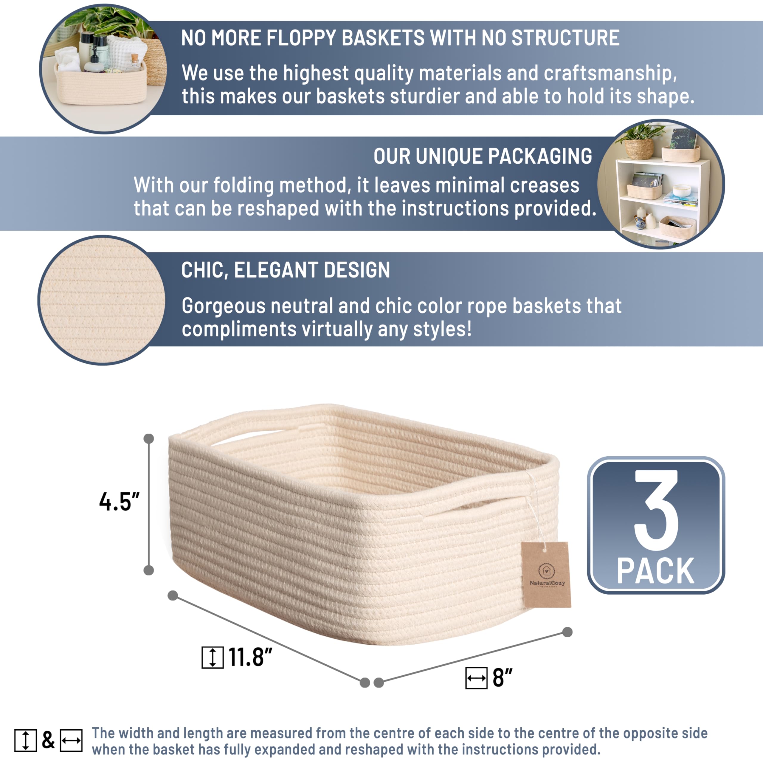NaturalCozy rectangular cotton rope basket highlights increased usable space for blankets and books.