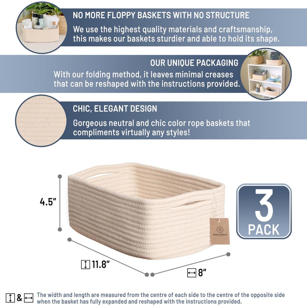 NaturalCozy rectangular cotton rope basket highlights increased usable space for blankets and books.