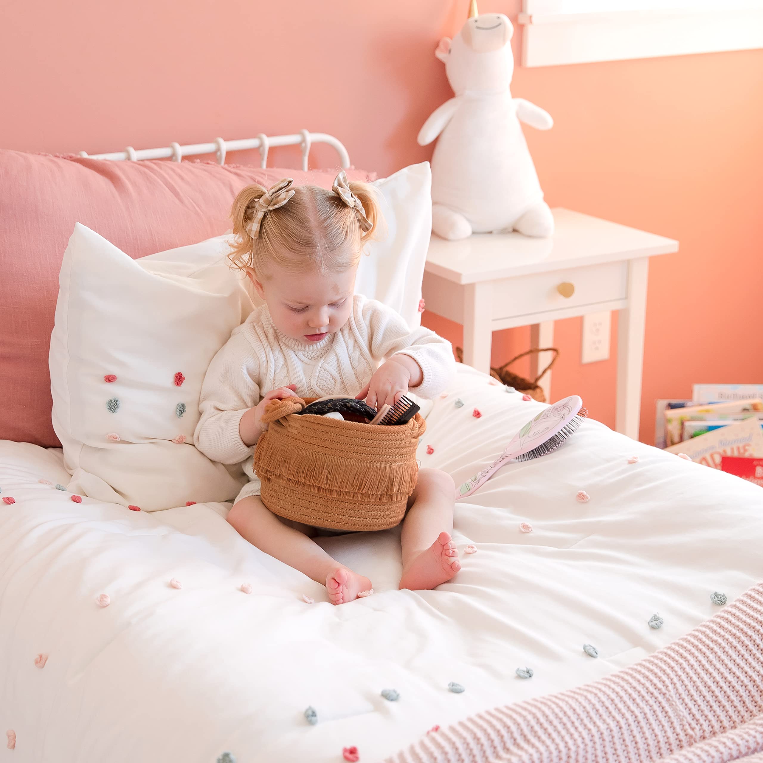 NaturalCozy reinforced-stitching basket withstands busy toddler use.