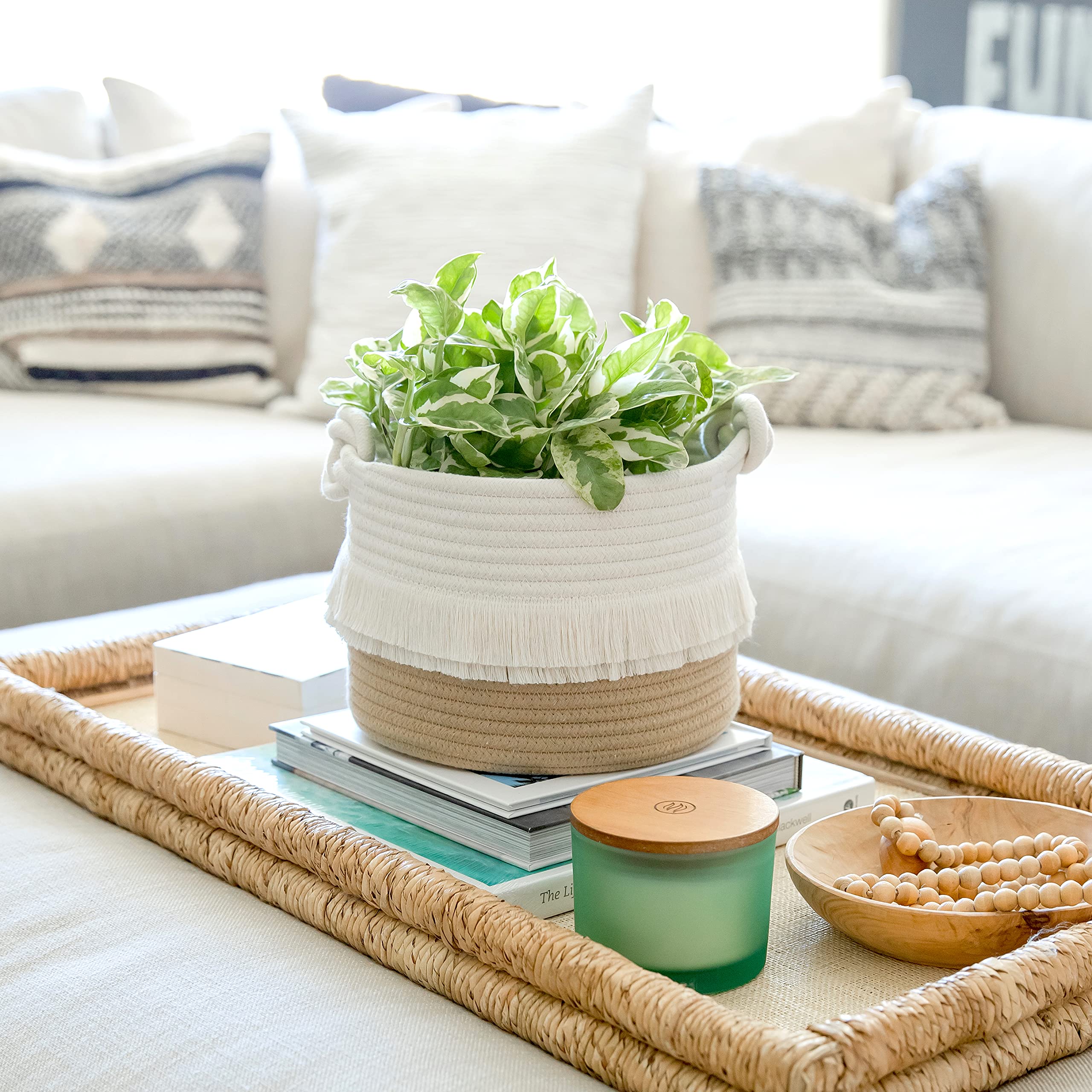 NaturalCozy scratch-free wicker-style basket protects surfaces during daily use.