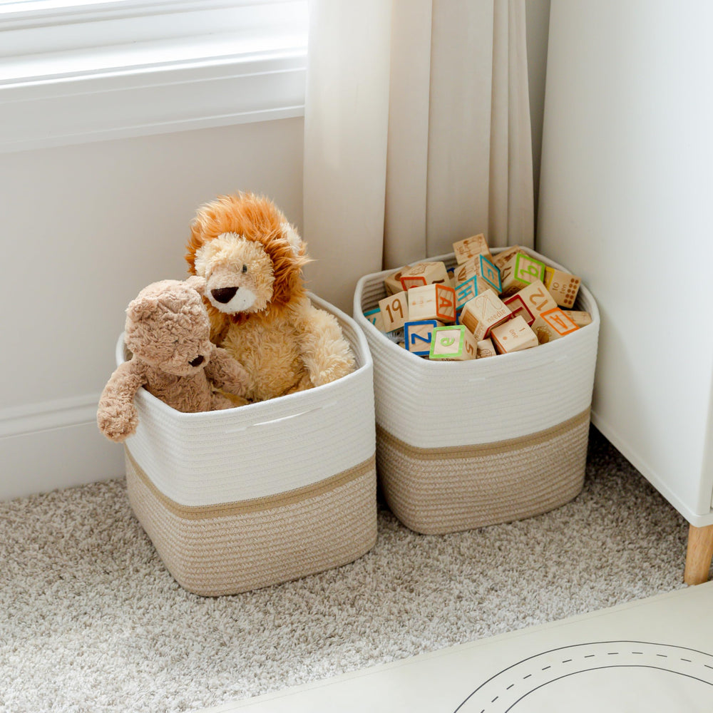 NaturalCozy shelf organization in a closet using 11x11x11 storage cubes.