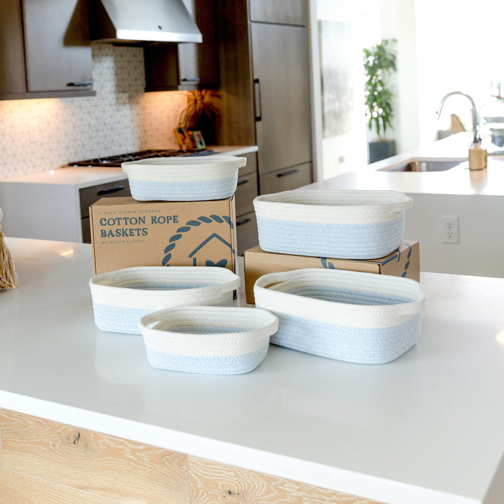 NaturalCozy stackable baskets shown in a tidy setup