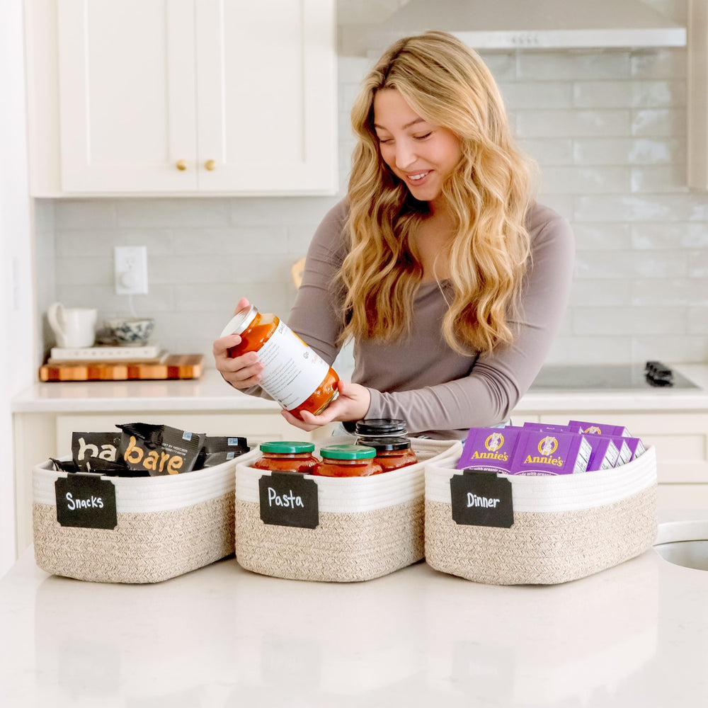 NaturalCozy storage basket bathroom organization on shelf, towels and toiletries neatly stored