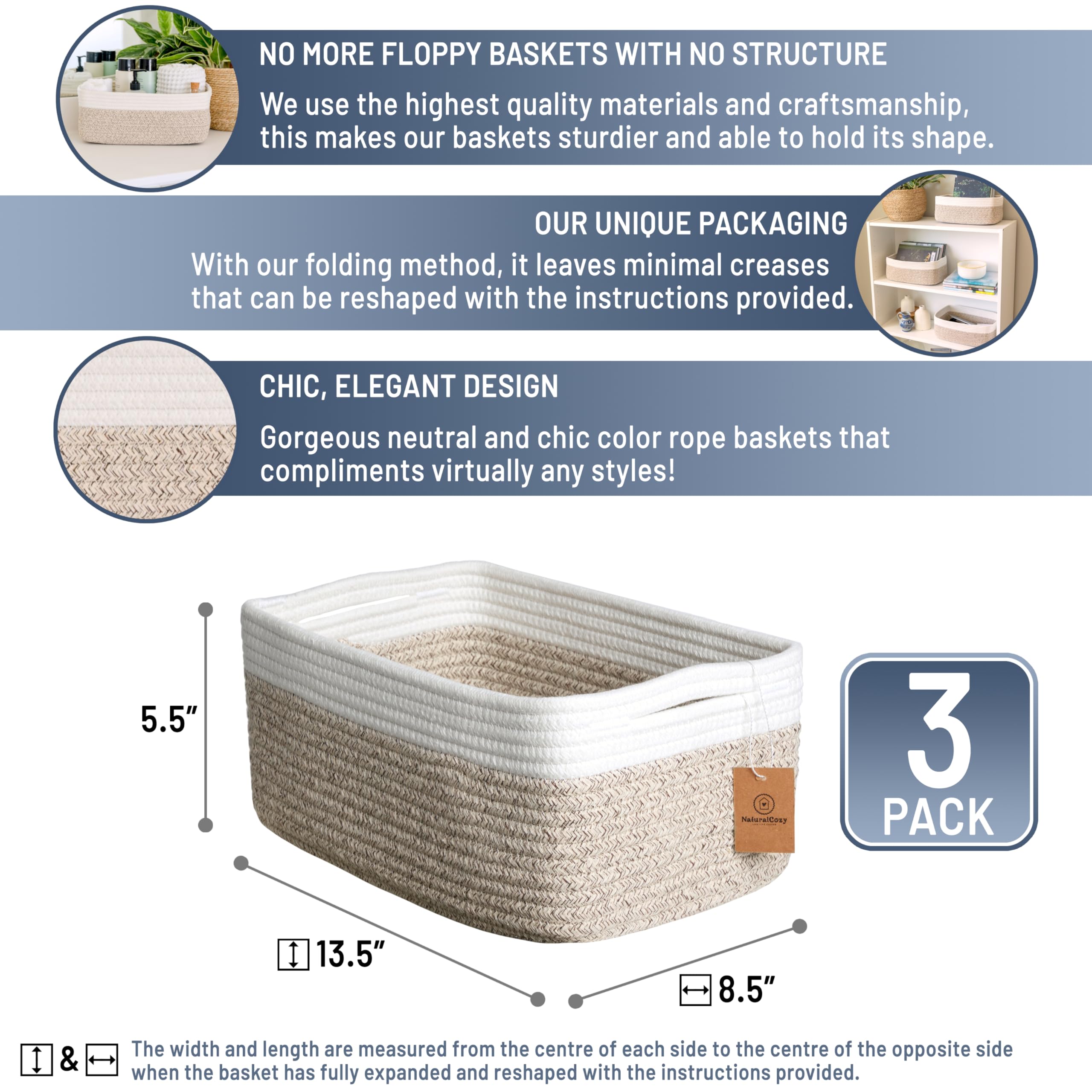 NaturalCozy storage basket folding method close-up highlights shaping with included instructions