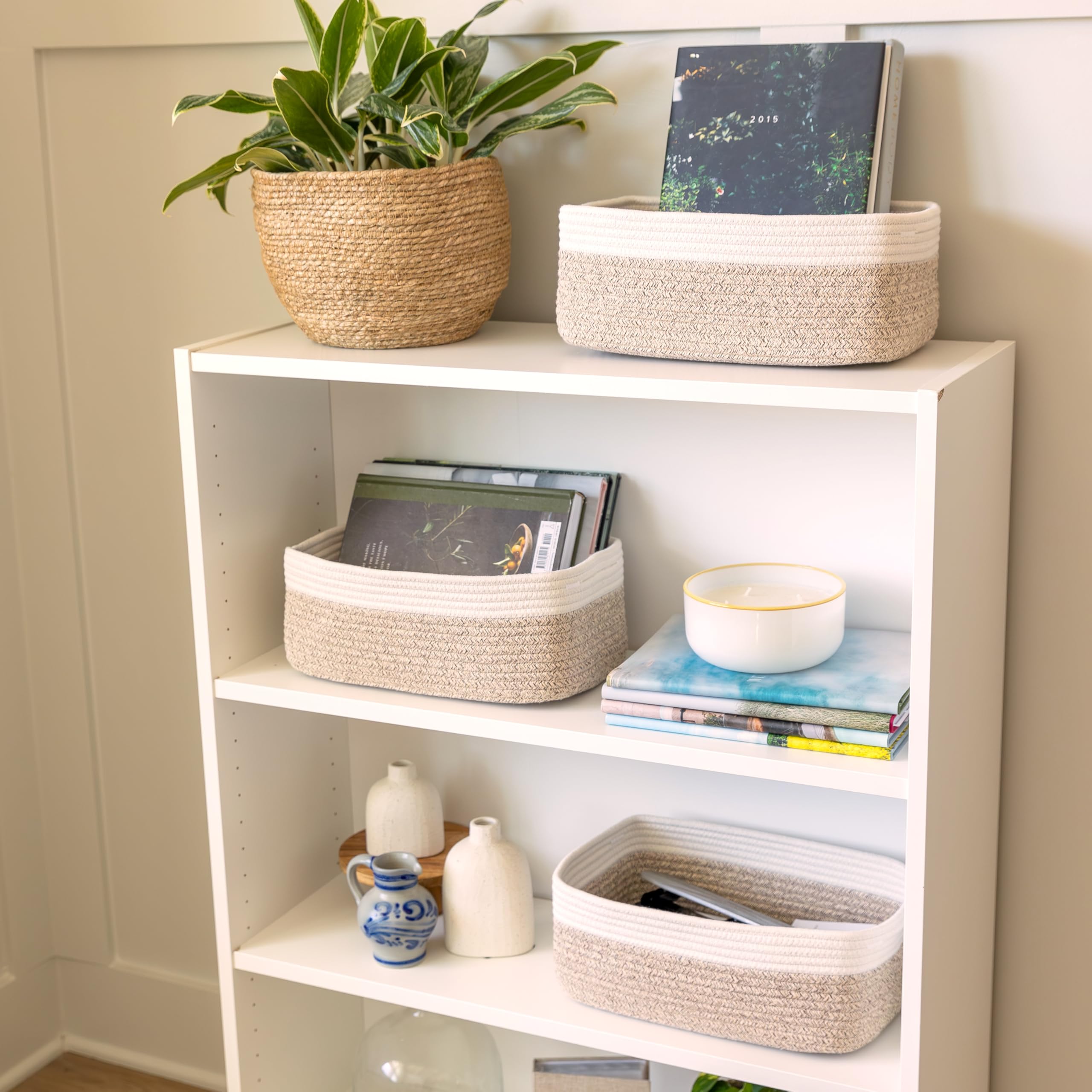 NaturalCozy storage basket rectangular shape on shelf maximizing storage space