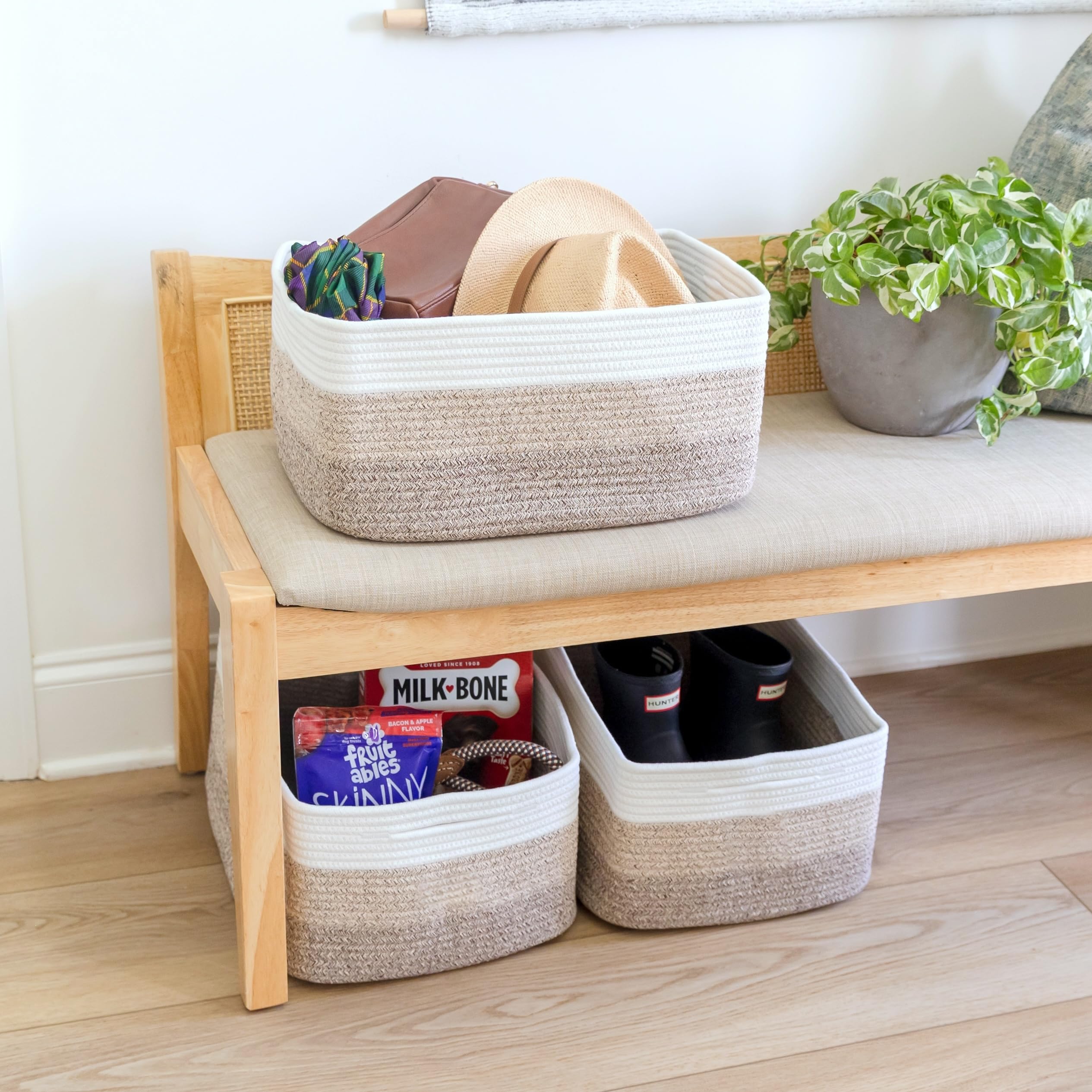 NaturalCozy storage basket in-use on shelves aids quick organization.