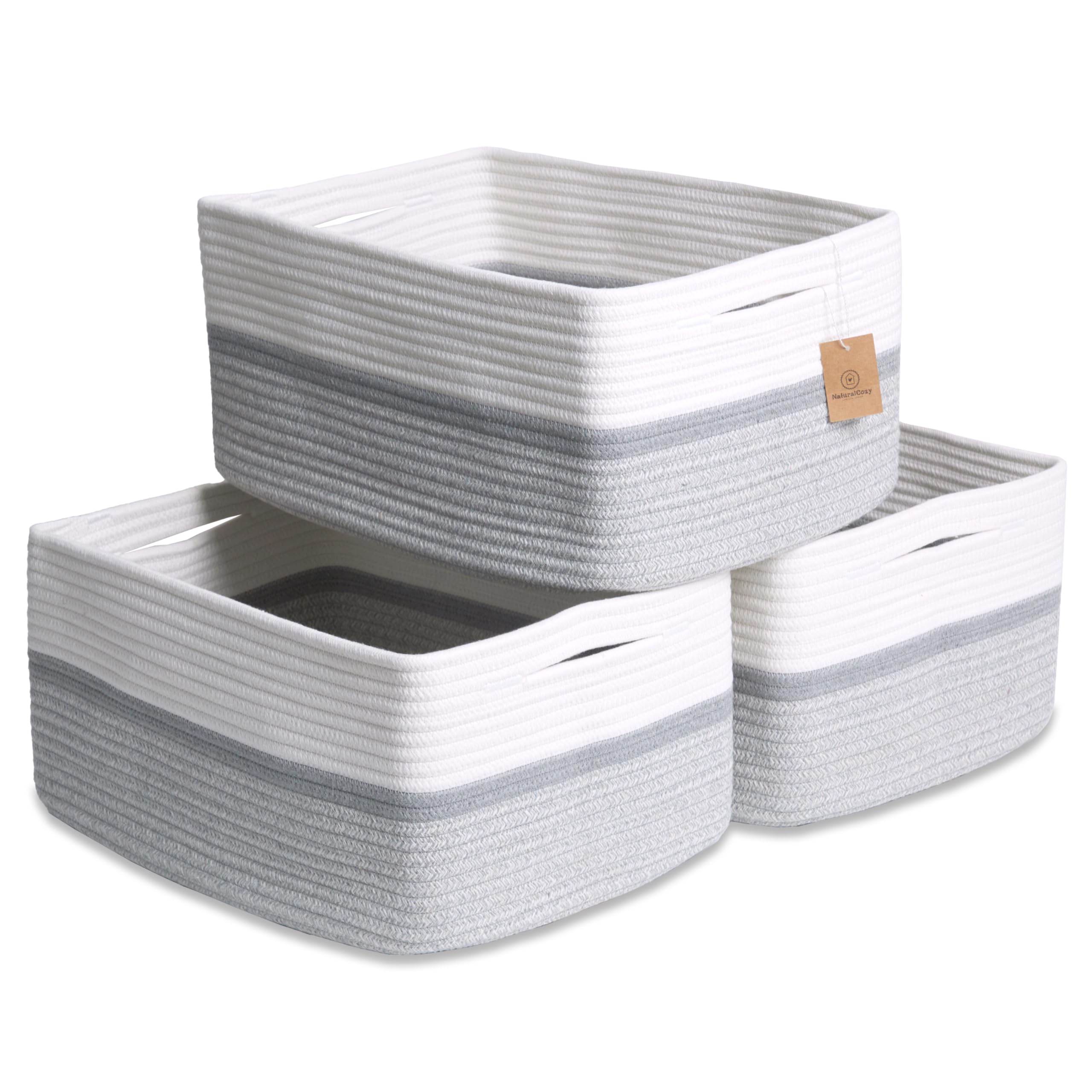 NaturalCozy storage basket rectangle 3-pack demonstrates compact, sturdy organization for shelves