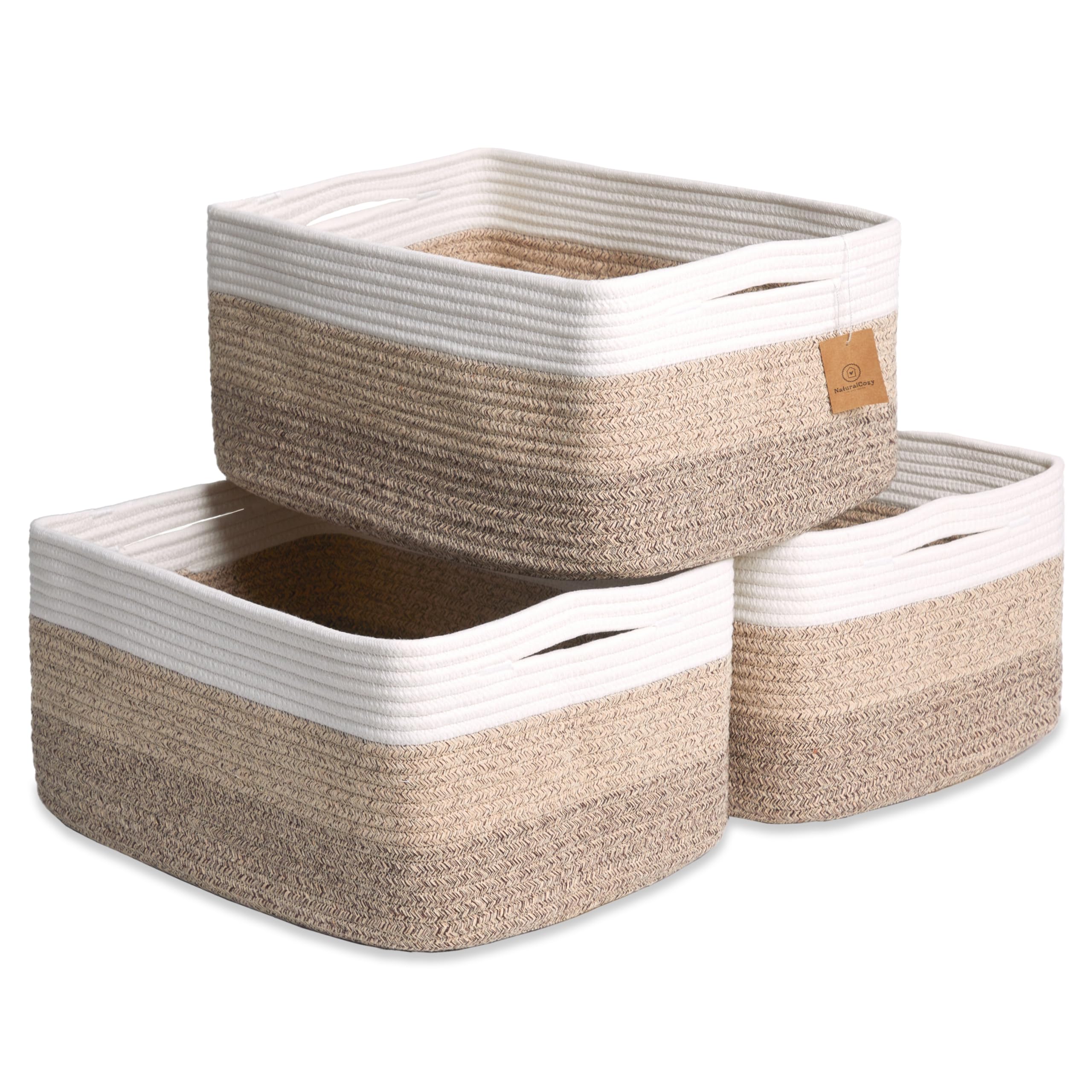 NaturalCozy storage basket front view shows structured design for tidy shelves.