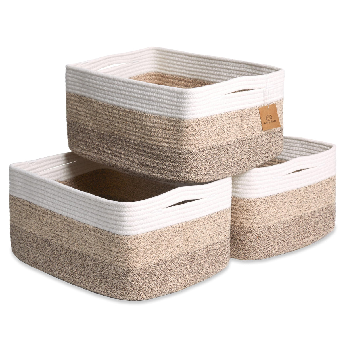 NaturalCozy storage basket front view shows structured design for tidy shelves.