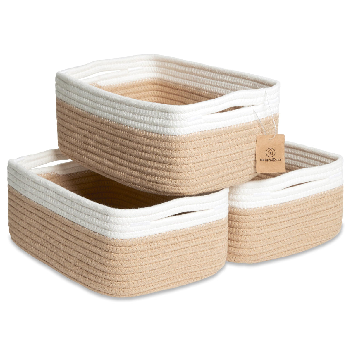 NaturalCozy storage baskets 3-pack front view for organized shelves.