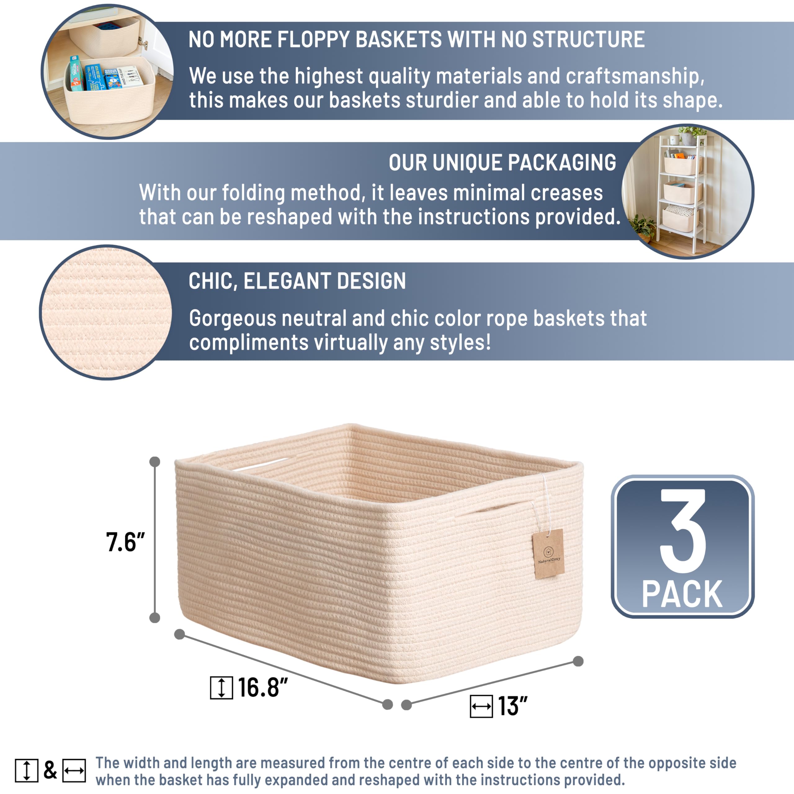 NaturalCozy storage baskets close-up reveals cotton rope weave and durable texture
