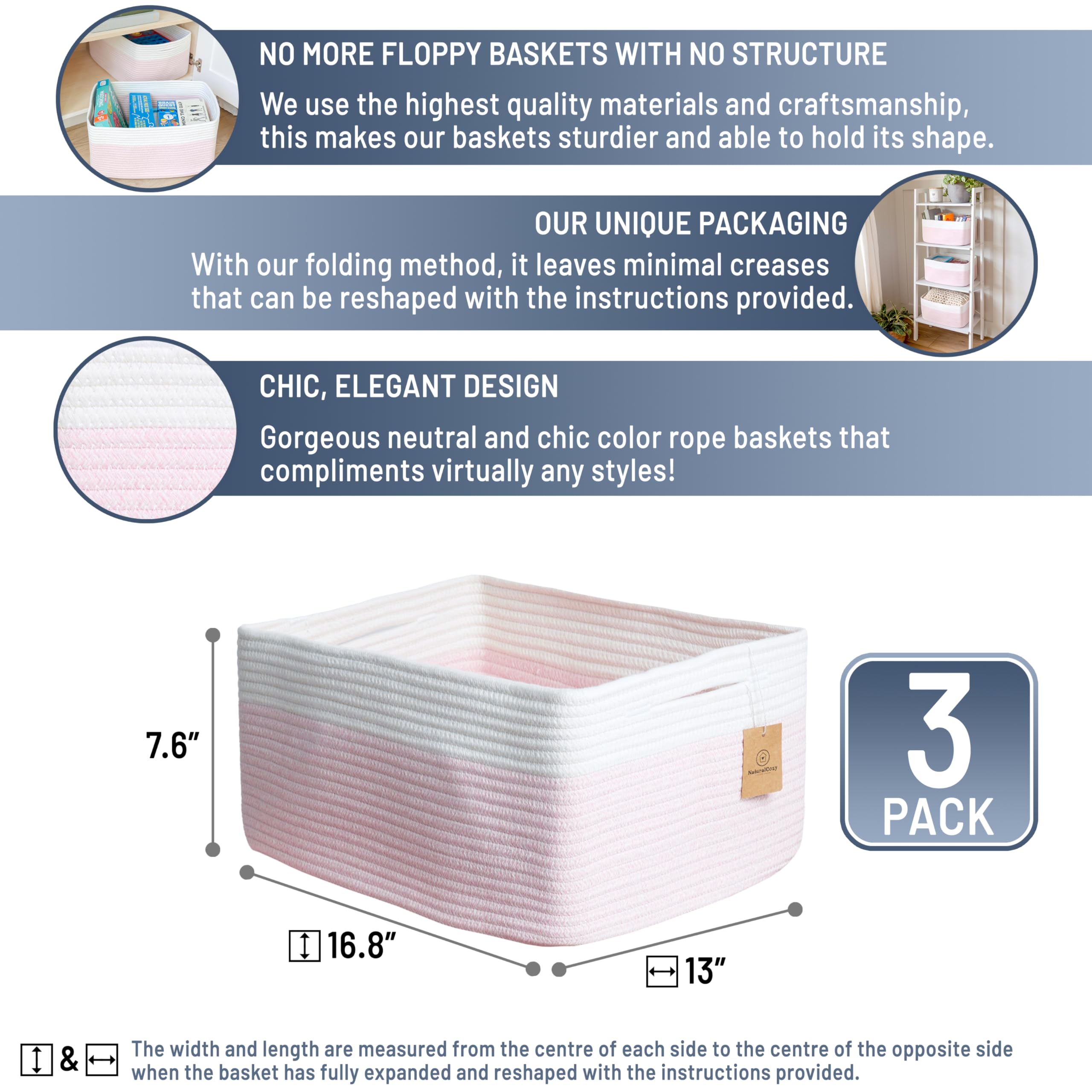 NaturalCozy storage baskets folding method instruction demonstrates easy shaping for a neat look.