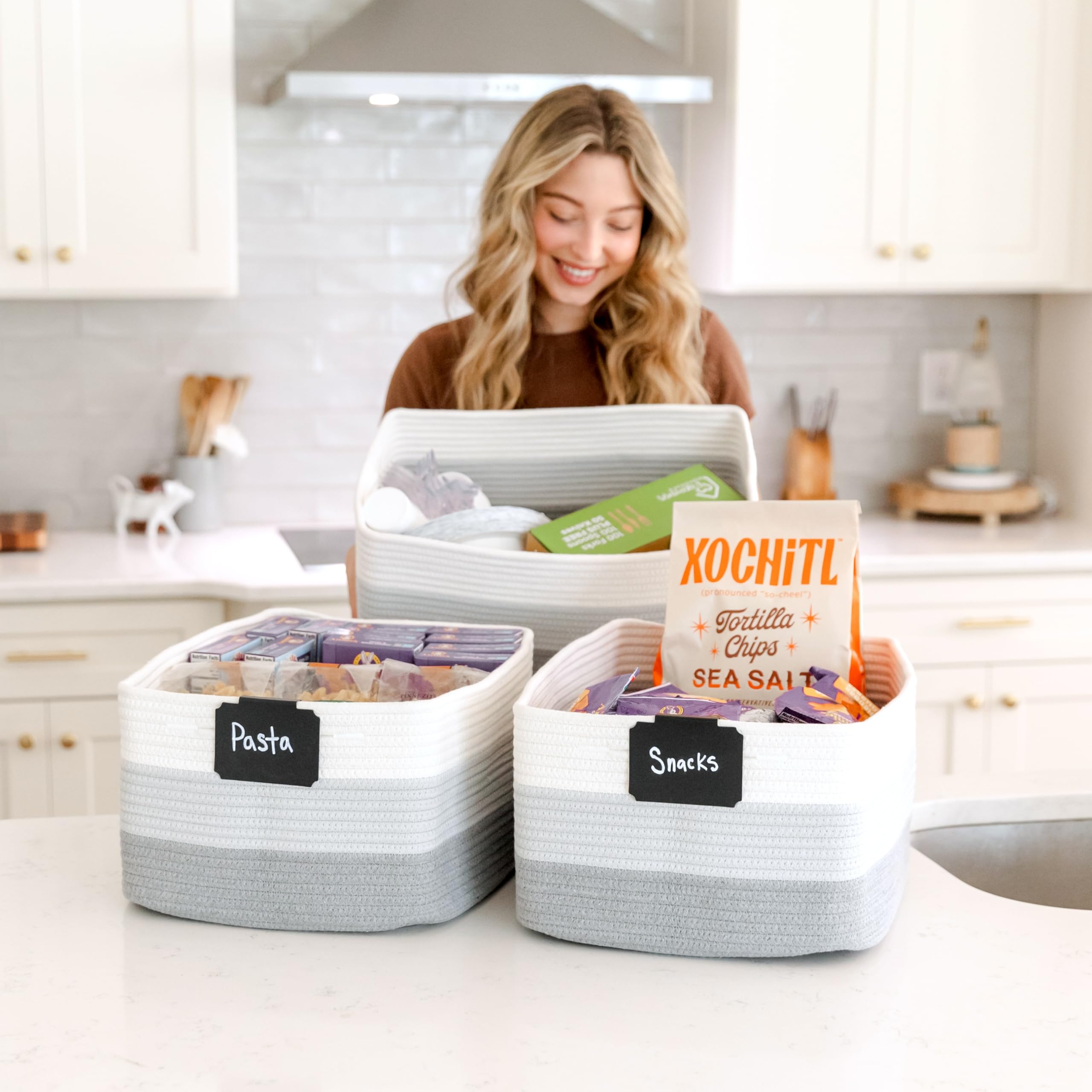 NaturalCozy baskets in the laundry room shelf offer durable, everyday organization.