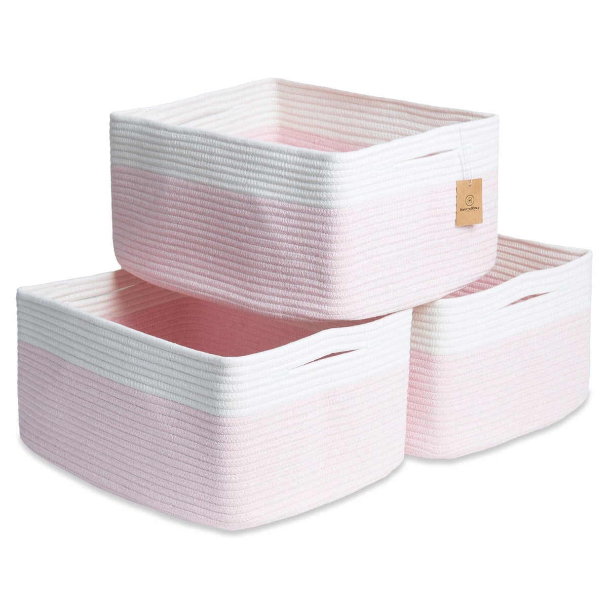 NaturalCozy storage baskets front view showing a crisp, structured shape for tidy shelves.