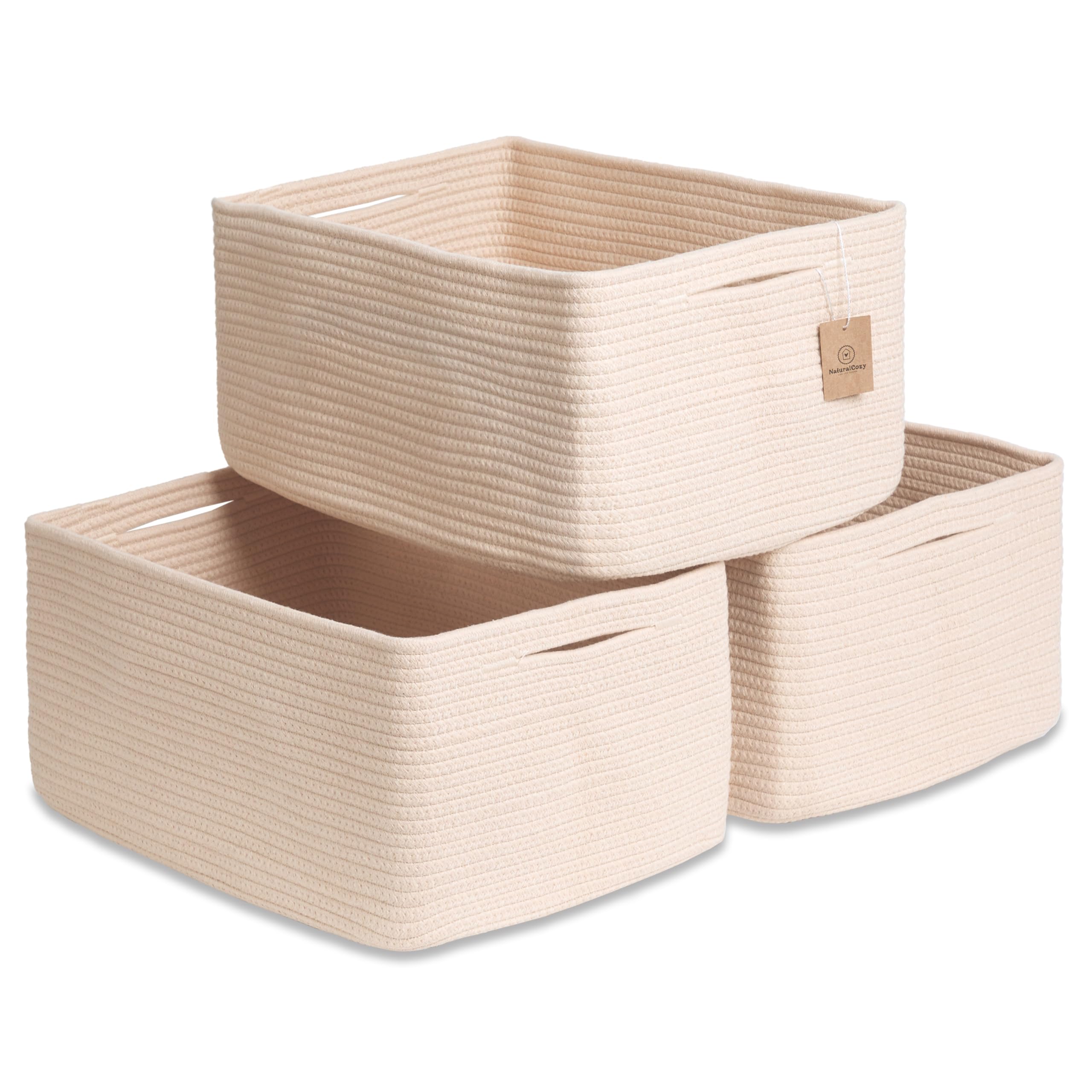 NaturalCozy storage baskets on a shelf show sturdy rectangle design for organized spaces