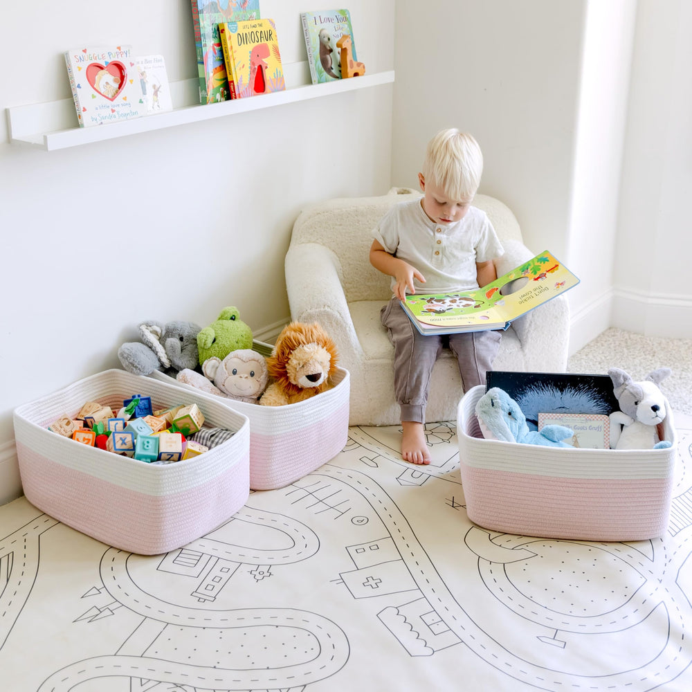 NaturalCozy storage baskets on a shelf highlight maximized rectangular storage and organization.