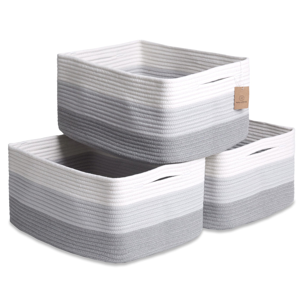 NaturalCozy storage baskets 3-pack on shelf for organized toys and books.