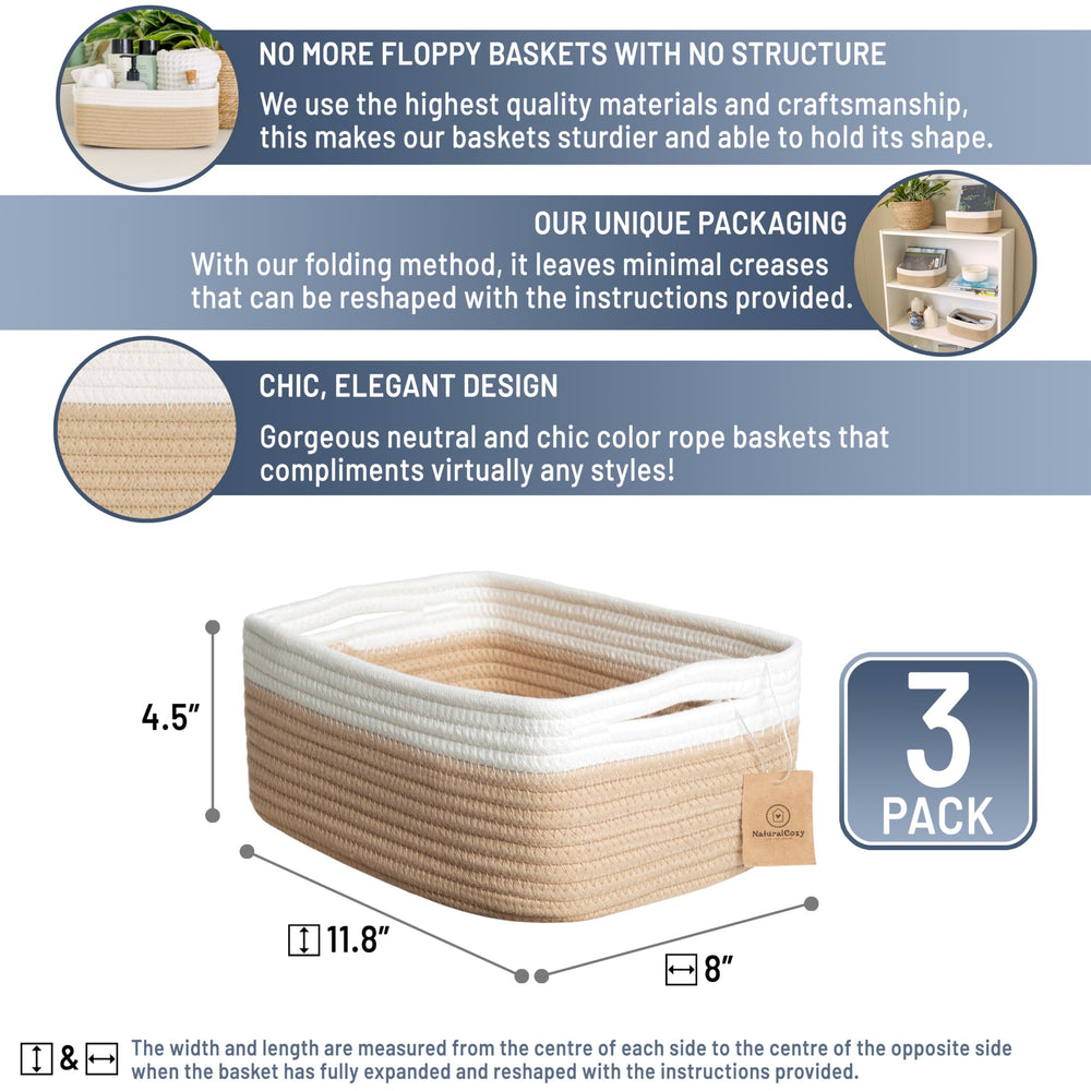 NaturalCozy storage baskets rectangular shape on shelf adds space.