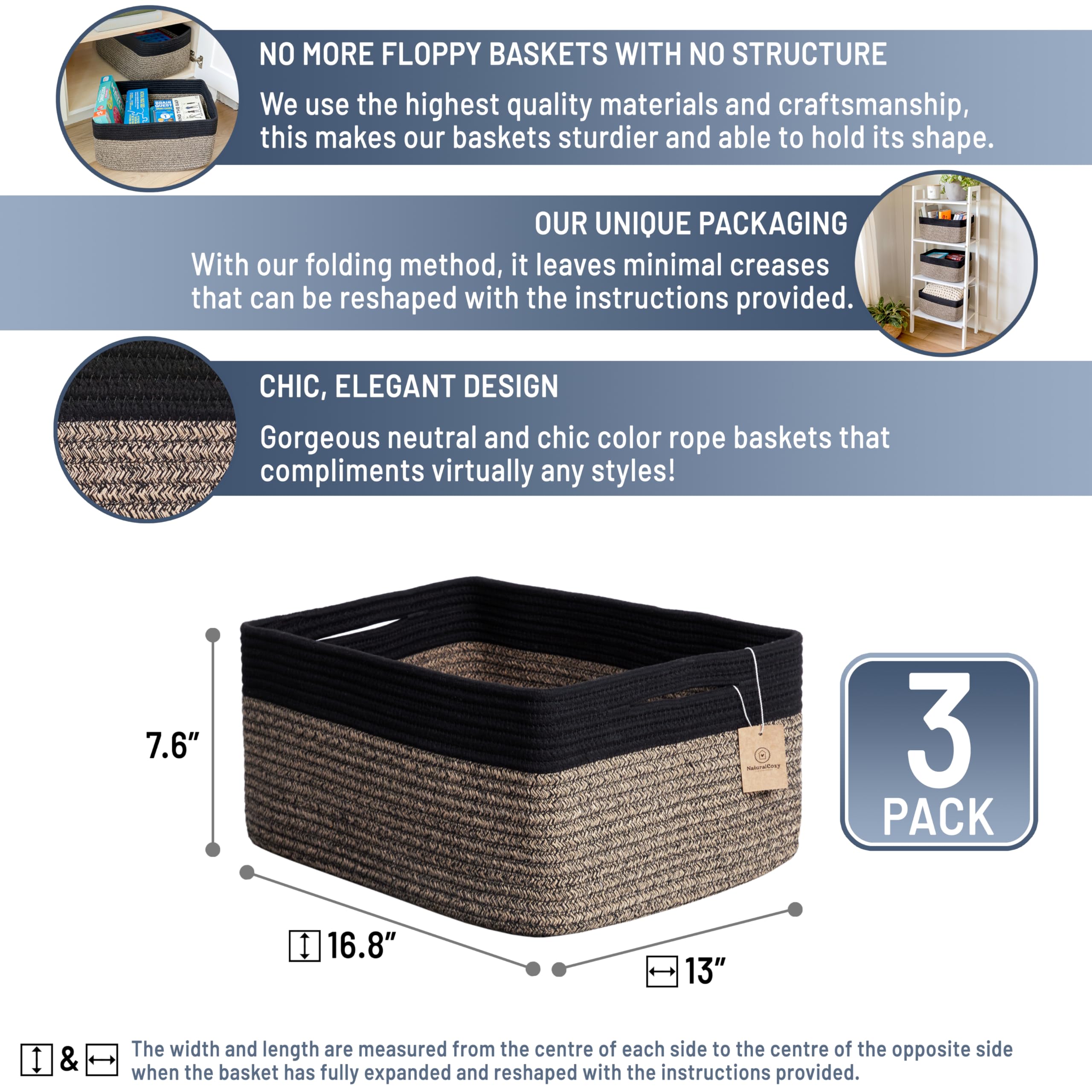 NaturalCozy storage baskets rectangular design increases usable space for organizing.