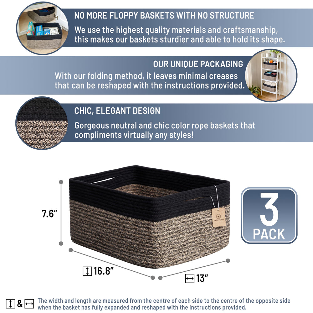 NaturalCozy storage baskets rectangular design increases usable space for organizing.