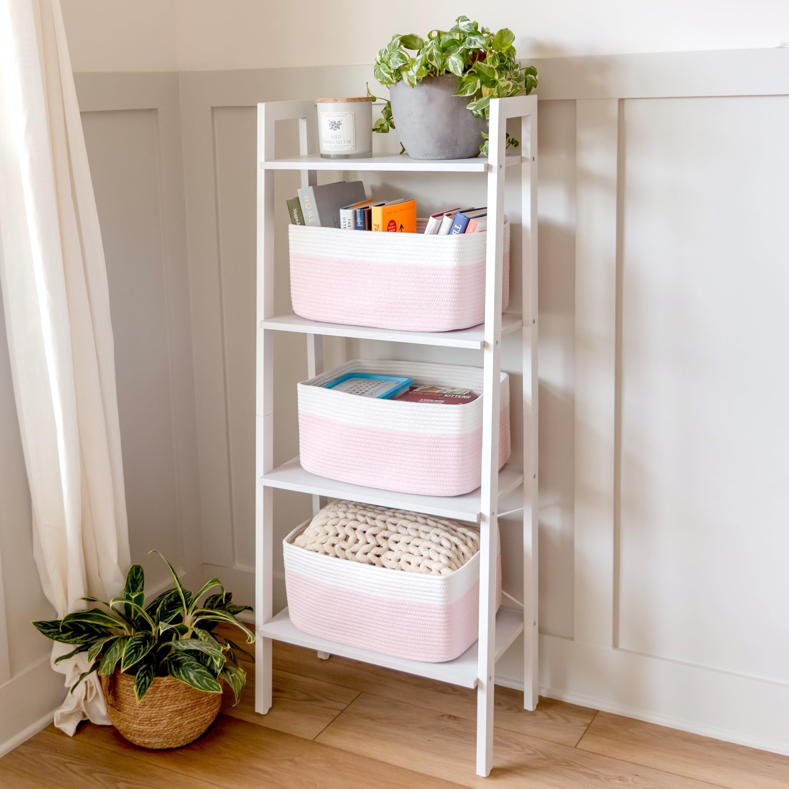 NaturalCozy storage baskets stacked in layers illustrate space-saving multi-basket setup.