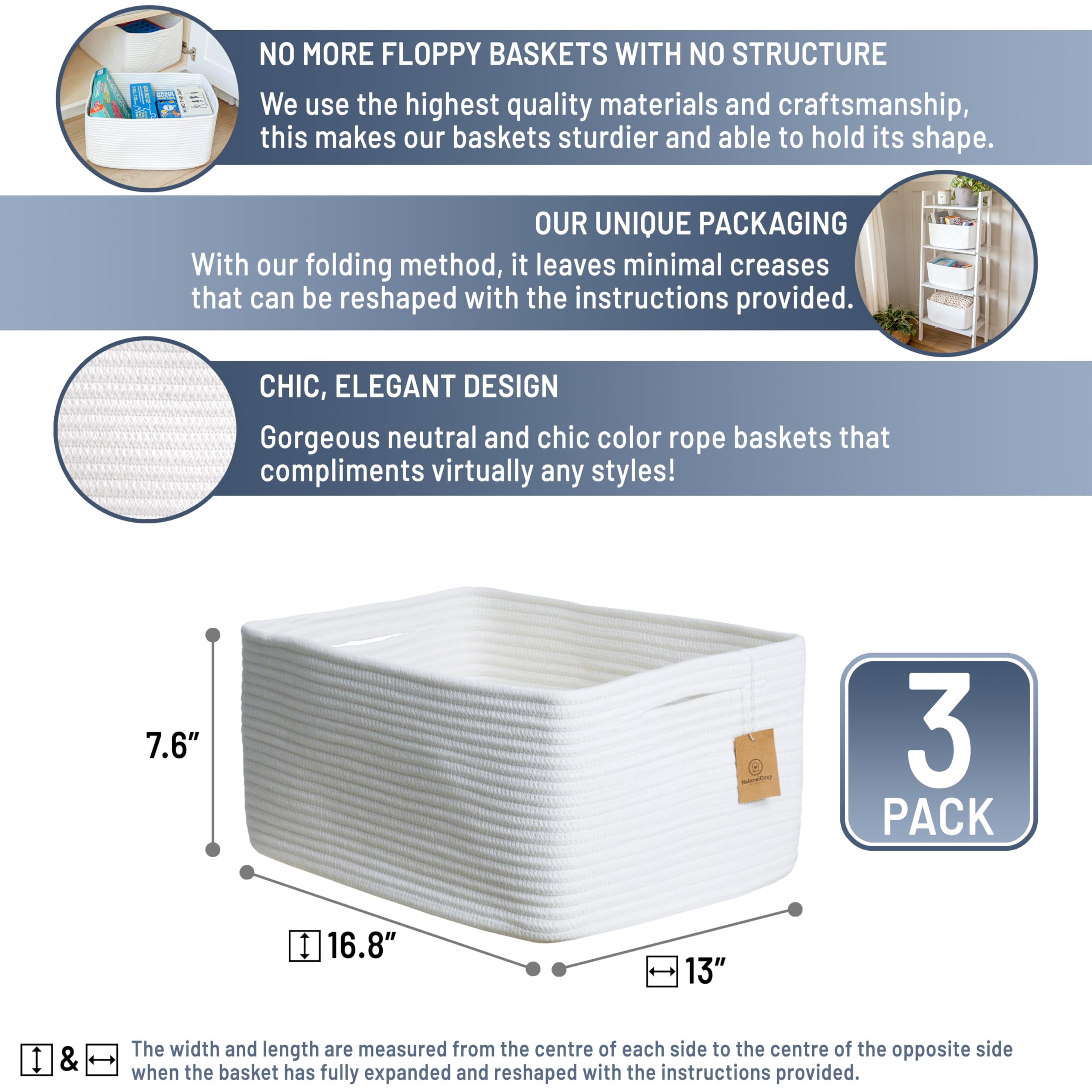 NaturalCozy storage baskets highlight sturdy cotton material ideal for kid-friendly storage