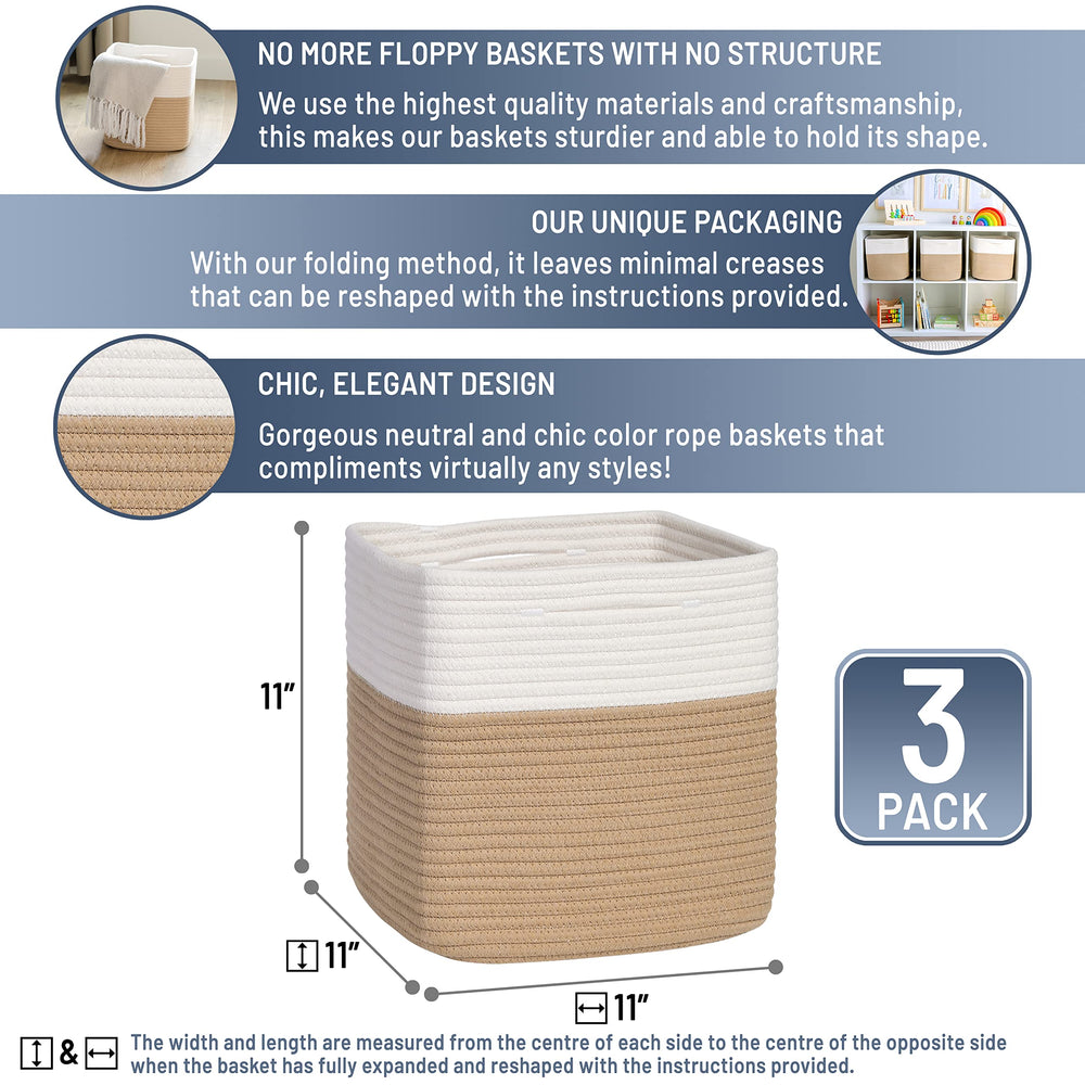 NaturalCozy Storage Cubes open in a 3-pack on a shelf for easy access.