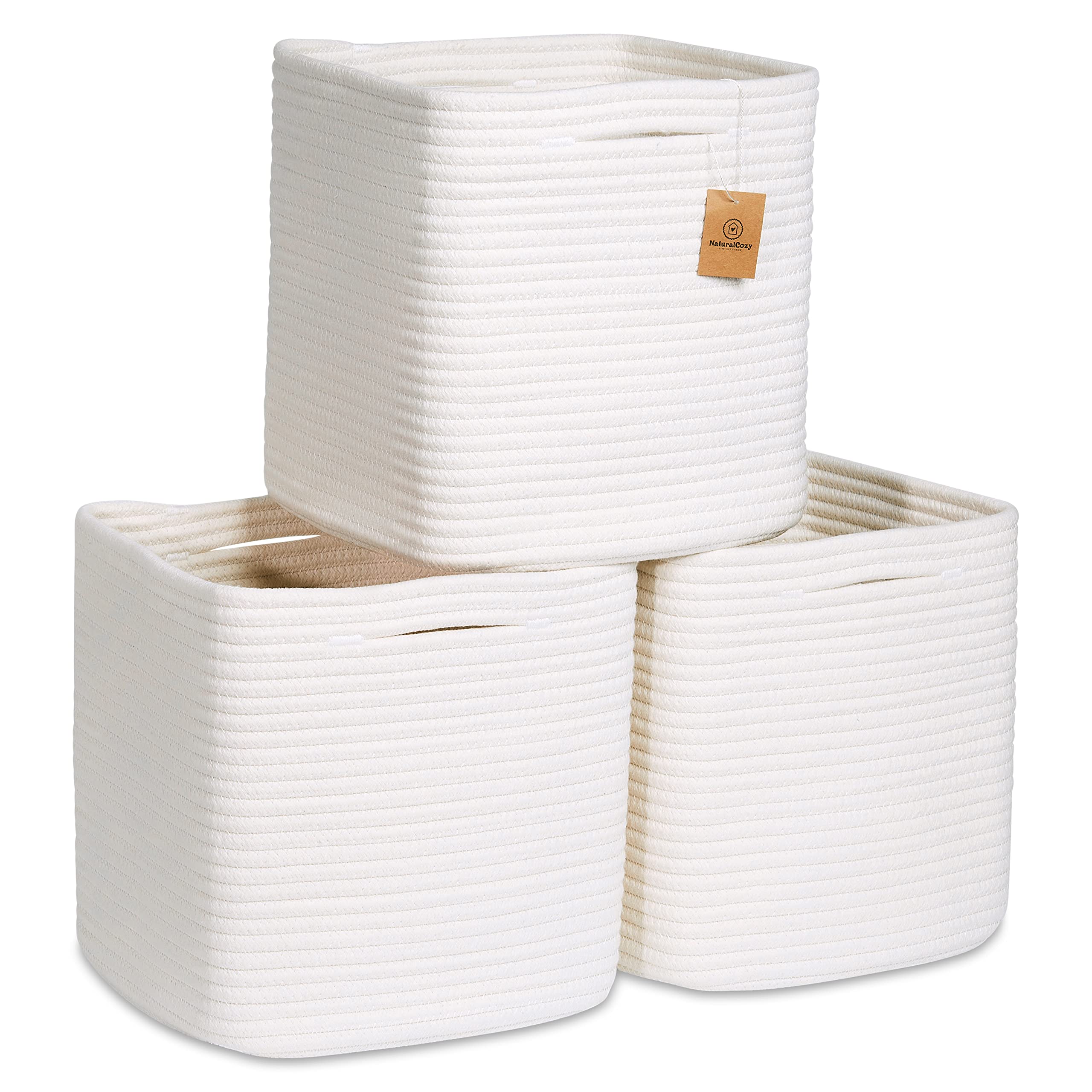 NaturalCozy 11-inch cotton rope storage cube front view for organized shelves.