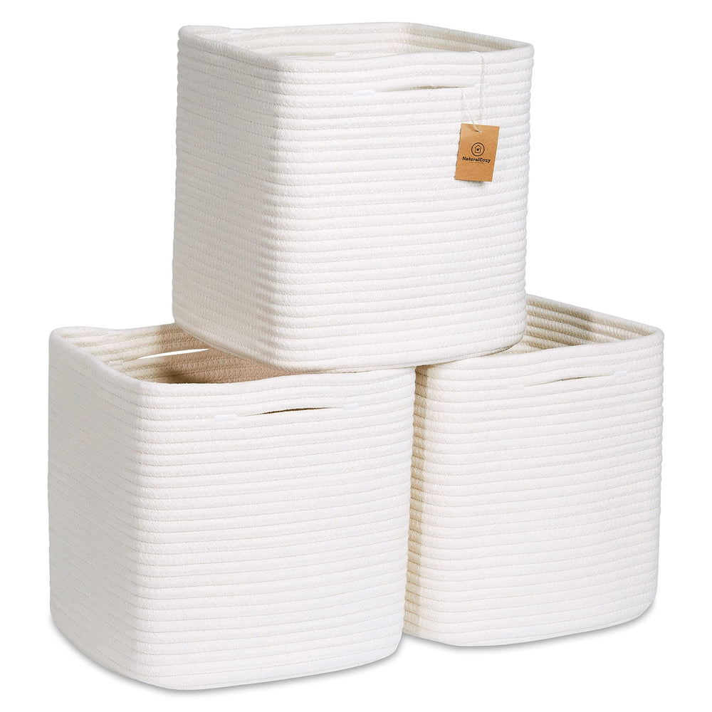 NaturalCozy 11-inch cotton rope storage cube front view for organized shelves.