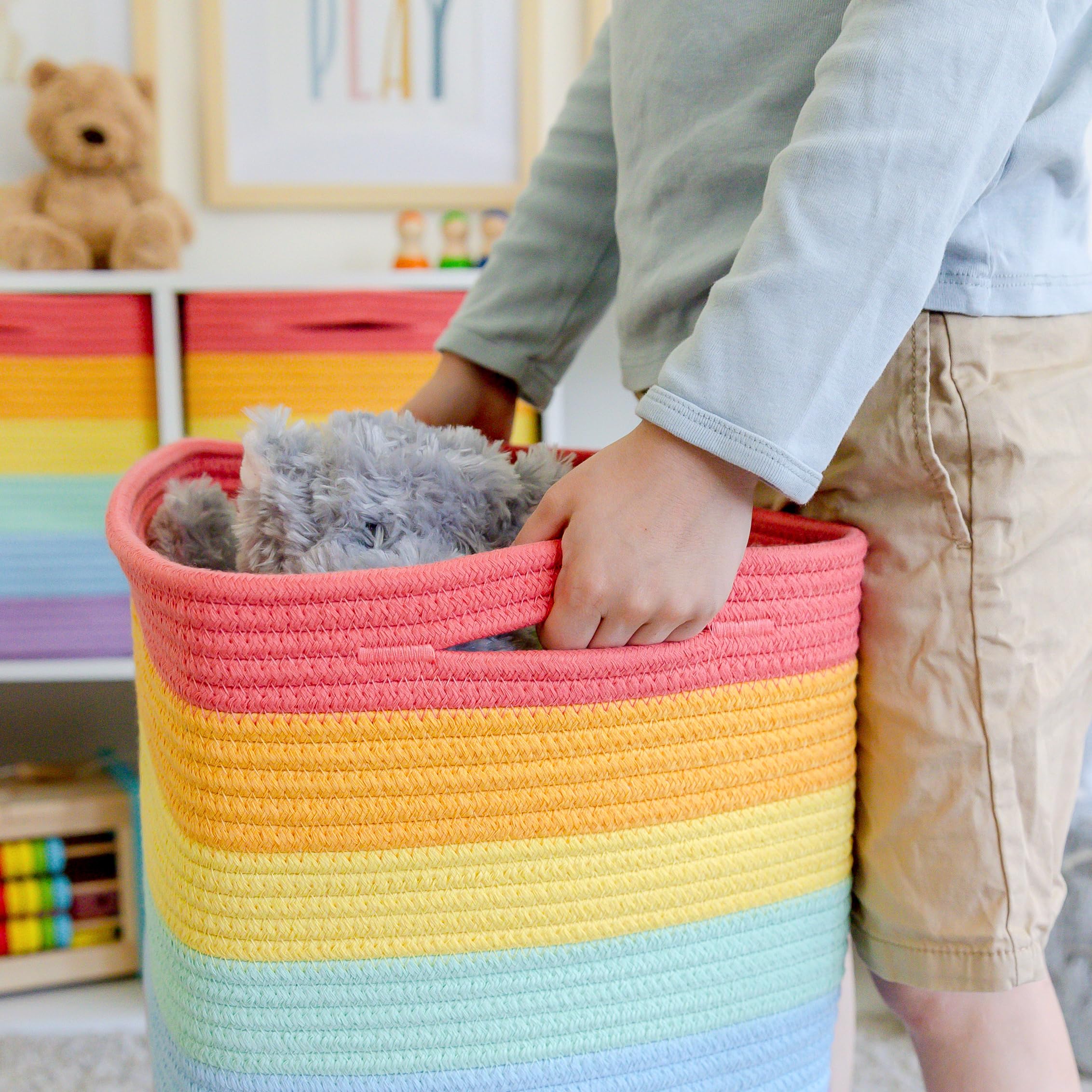 NaturalCozy storage cubes in kid's room highlight sturdy construction and lasting use
