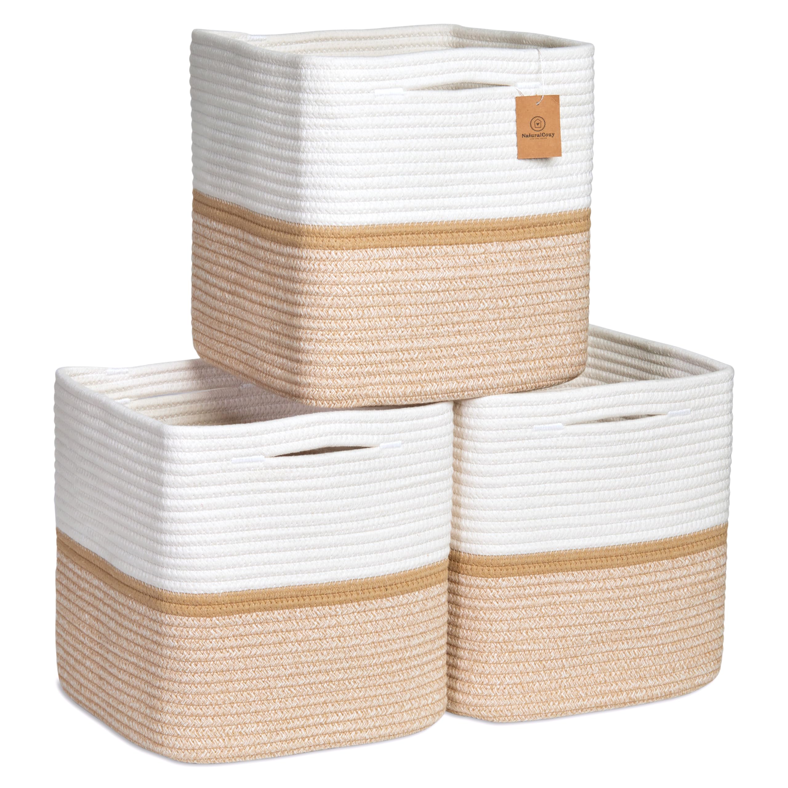 NaturalCozy storage cubes 11-inch basket assembled on a shelf for tidy organization.